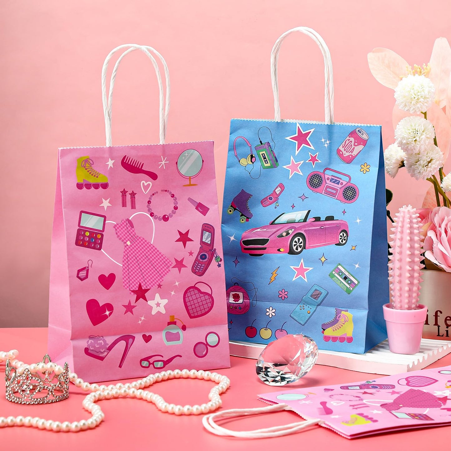 Dansydaisy 24 Pcs Hot Pink Goodie Bags Princess Gift Princess Party Favor Cute Candy Treat Bags with Handles for Birthday Party Favor Supplies Decorations