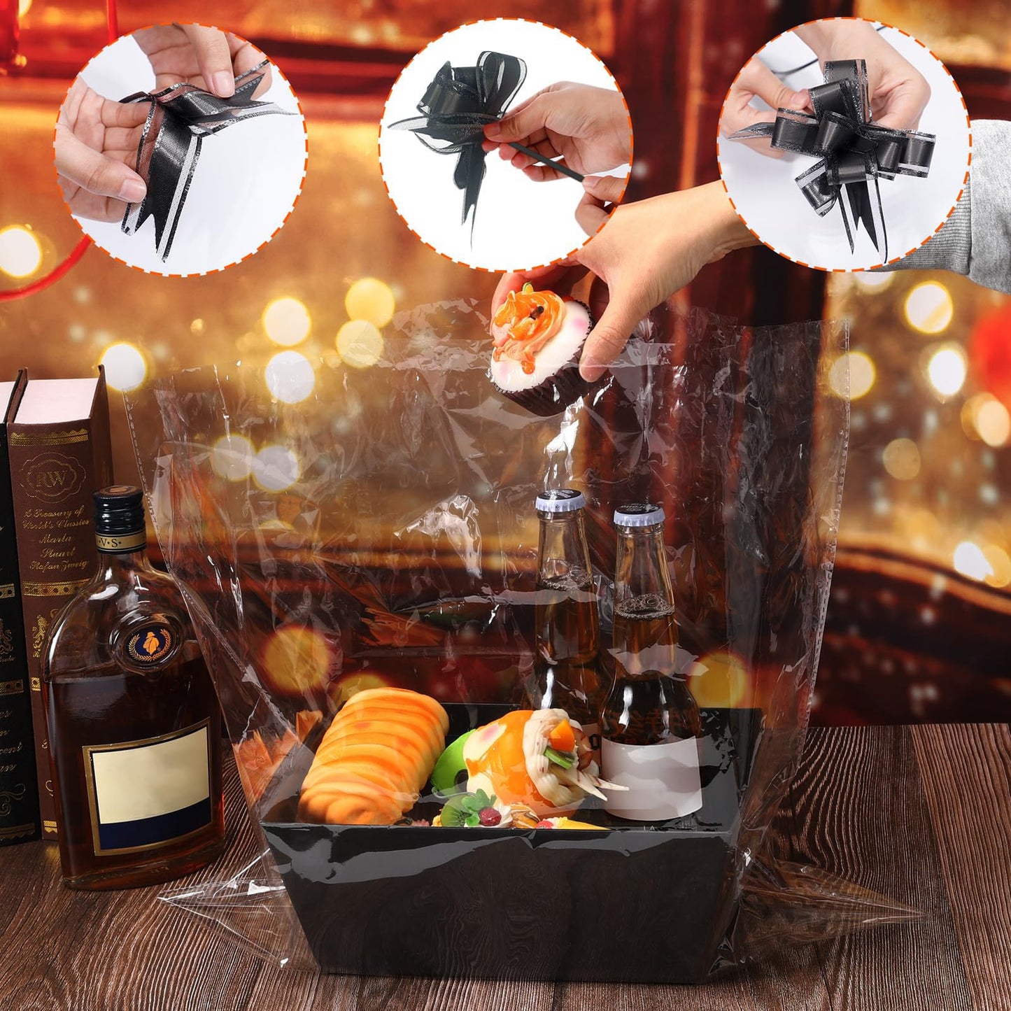 MADHOLLY 6 Set Baskets for Gifts Empty - Sturdy Kraft Graduation Gift Basket Kit with Cellophane Wrap Pull Bows for Men, Father’s Day, Career Promotion, Birthday Gift Wrapping, Black