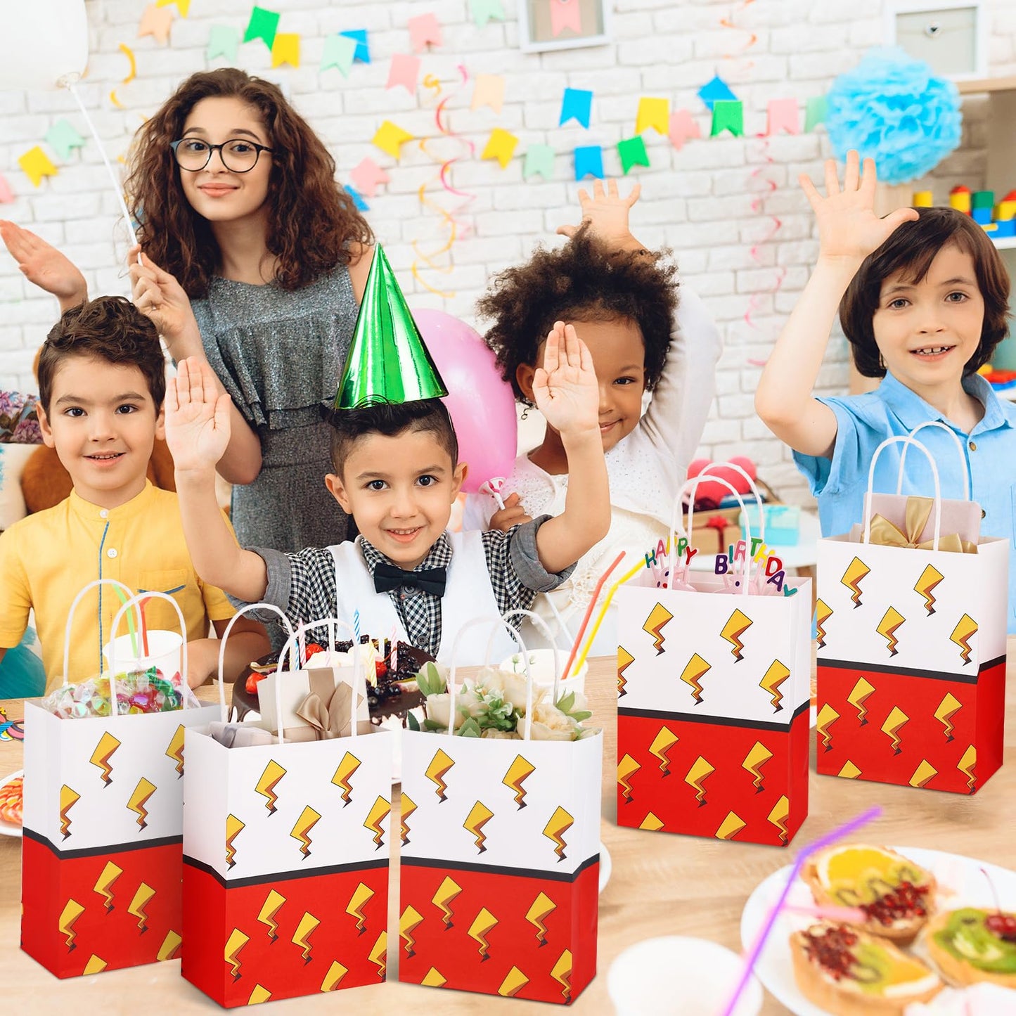 24 Pcs Cartoon Animation Gift Bags Red Birthday Party Bags Paper Goodie Bag with Handle Candy Bag Decorations for Birthday Holiday Event Supplies Gift Fillers
