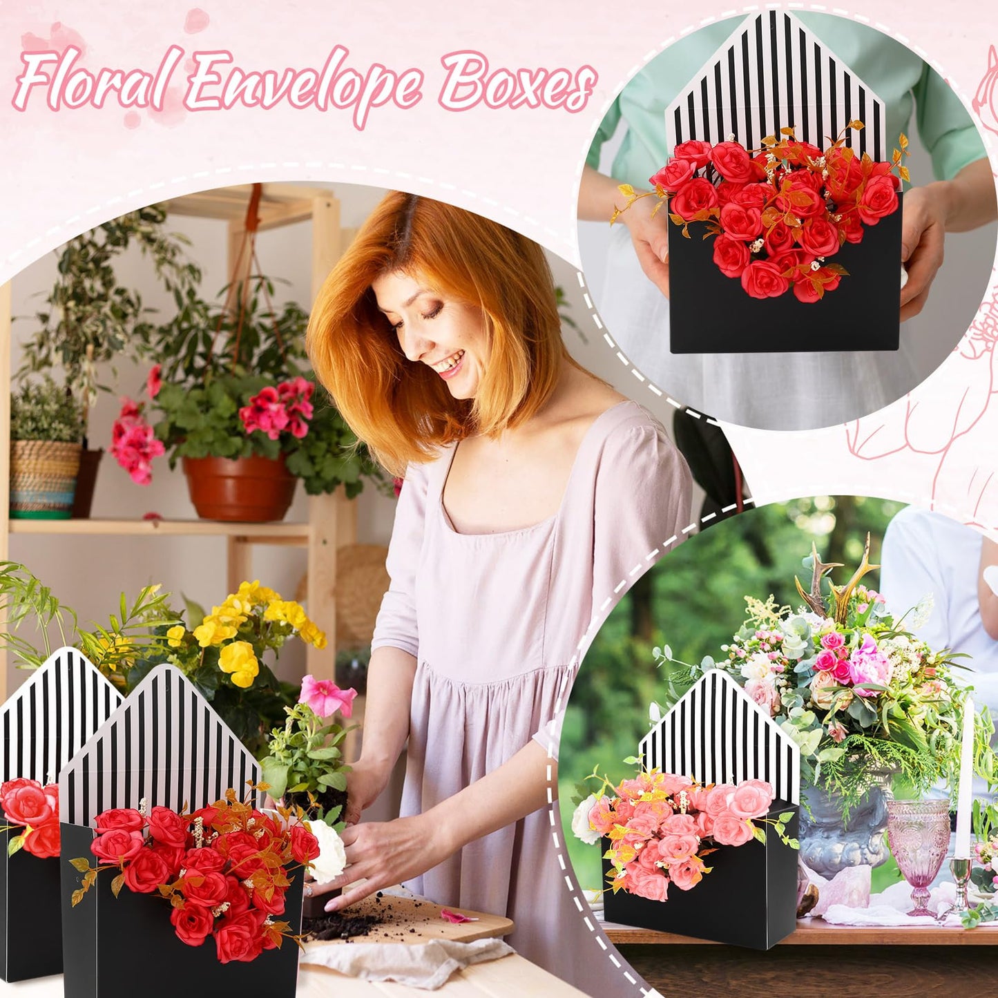 FYSUIMU 9Pcs Mother's Day Floral Envelope Box Empty Flower Stripe Paper Box Florist Bouquet Packaging Box for Valentine's Day Wedding Birthday Party Arrangements, Black