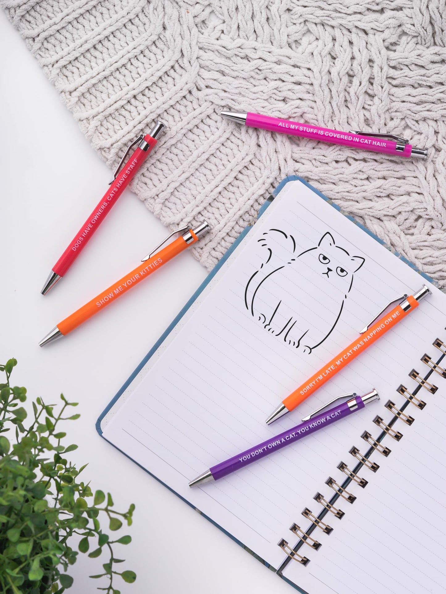 Funny Cat Pens 5-Pack Set, Black Ink Ballpoint Pens with Sarcastic Sayings for Writing, Gifts for Cat Lovers, Dad Gifts, Office Supplies, Desk Accessories
