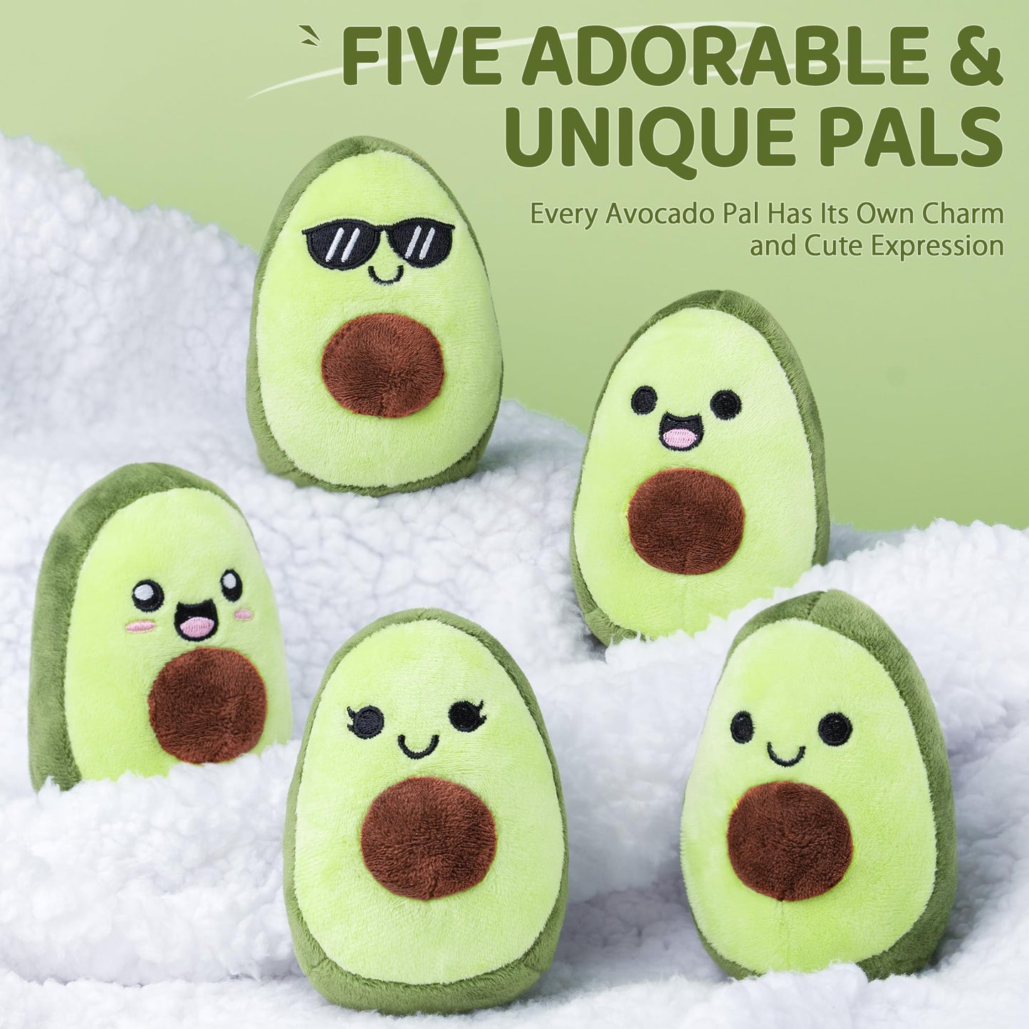Emotional Support Plush Avocados, Squishy Stuffed Animals and Plushies Set, Includes 5 Emotional Support Food Plushies with Carrying Basket, Cute Stuff and Great Gifts for Women Men