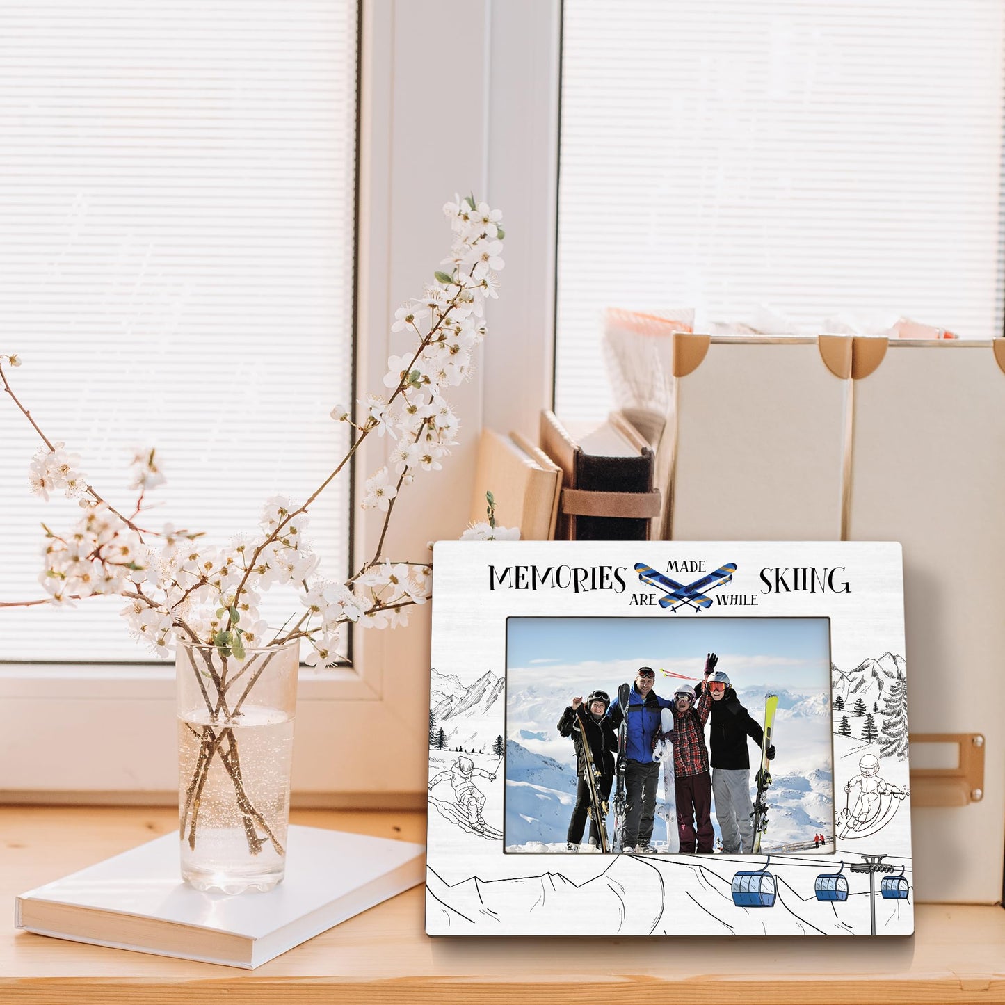 Ski Gifts Picture Frame 5x7, Gifts for Skiers Photo Frame, Ski Lover Gift for Skiers Women Men Friends, Memories are Made While Skiing Wooden Picture Photo Frames for Desk Home Room Decor