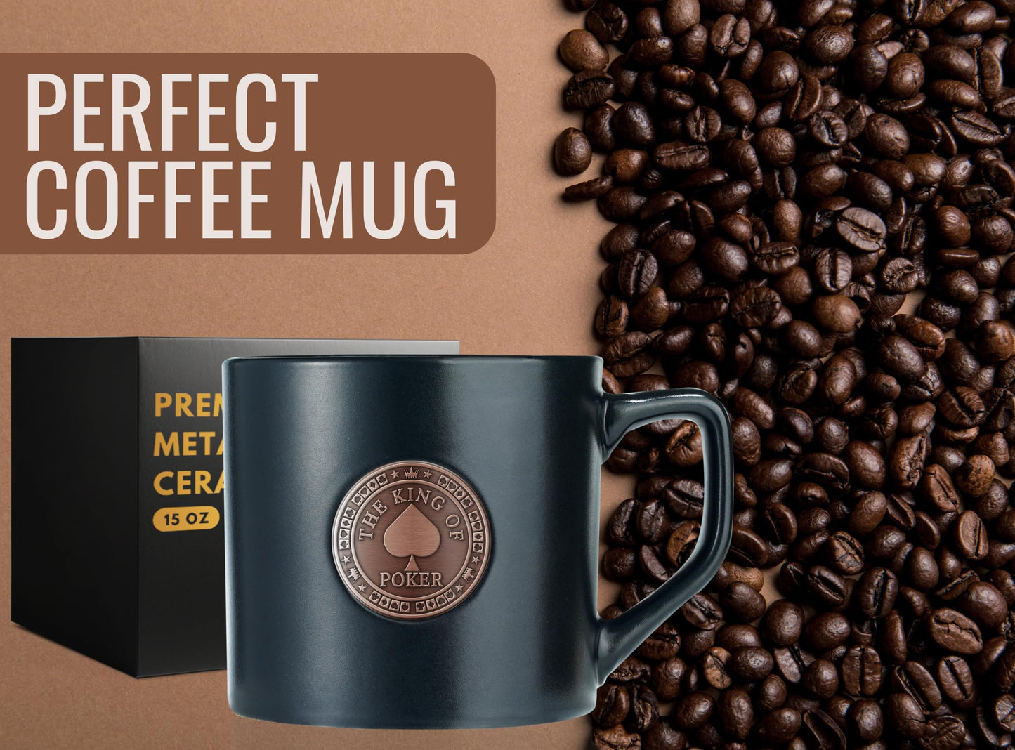 Onebttl Poker Gifts for Men & Women, Funny Poker Gifts for Poker Lovers & Player, Friends, Family, Coworkers, 15 oz Black Ceramic Coffee Mug with a Metal Badge, The King of Poker - Bronze Color Badge