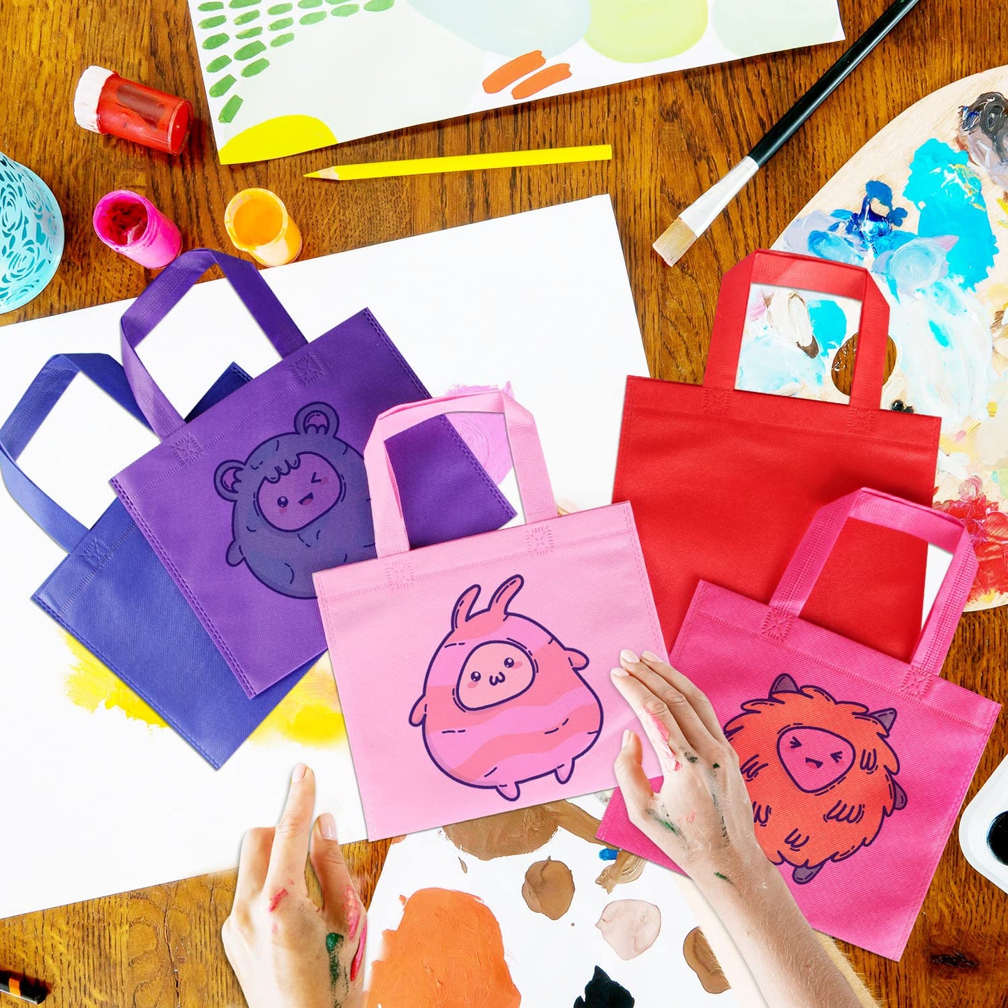 30 Pack Non Woven Party Favor Bags, 9.8'' Small Reusable Kids Tote Bags with Handles, Rainbow Party Favor Goodie Bags for Kids Birthday