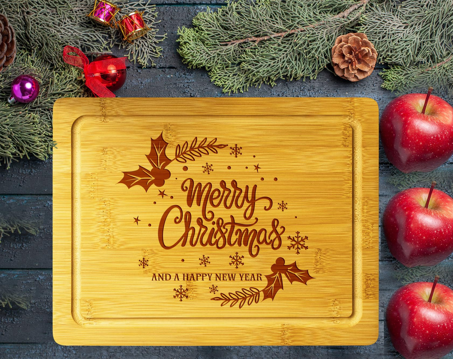 Christmas Themed Wood Cutting Board - Unique Christmas 2024 Gift For Kitchen - Decorative Christmas Serving Tray
