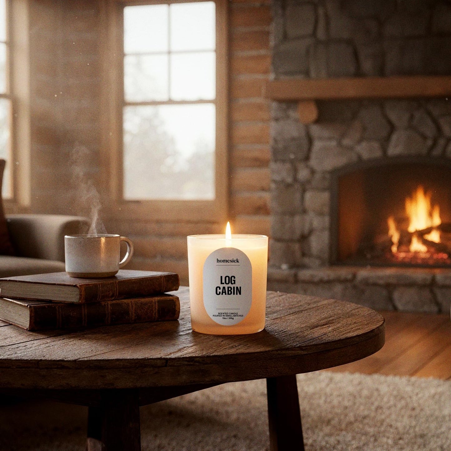 Homesick Log Cabin Scented Candle – 13.75 oz Non-Toxic, Natural Soy Wax in Cozy Amber & Smooth Tonka Bean Scent, Organic Cotton Wick, 60-Hour Burn, Engagement Gifts for Couples in Reusable Jar