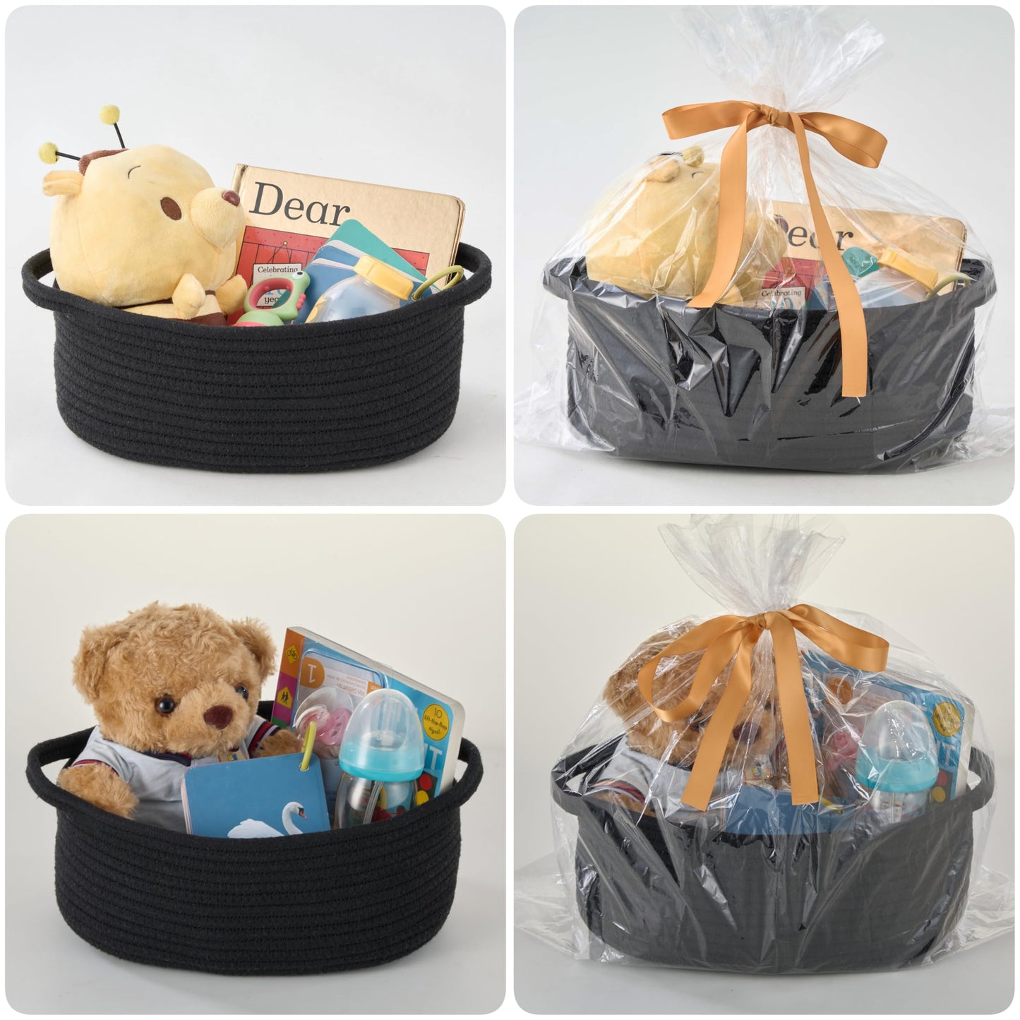 Small Woven Gift Basket Empty with Bag & Ribbon - Gifts for Mom, Baby Shower, Birthdays & Raffle - Cotton Rope Storage Basket for Dog Toys or Shelf - 12"x8"x5", Black