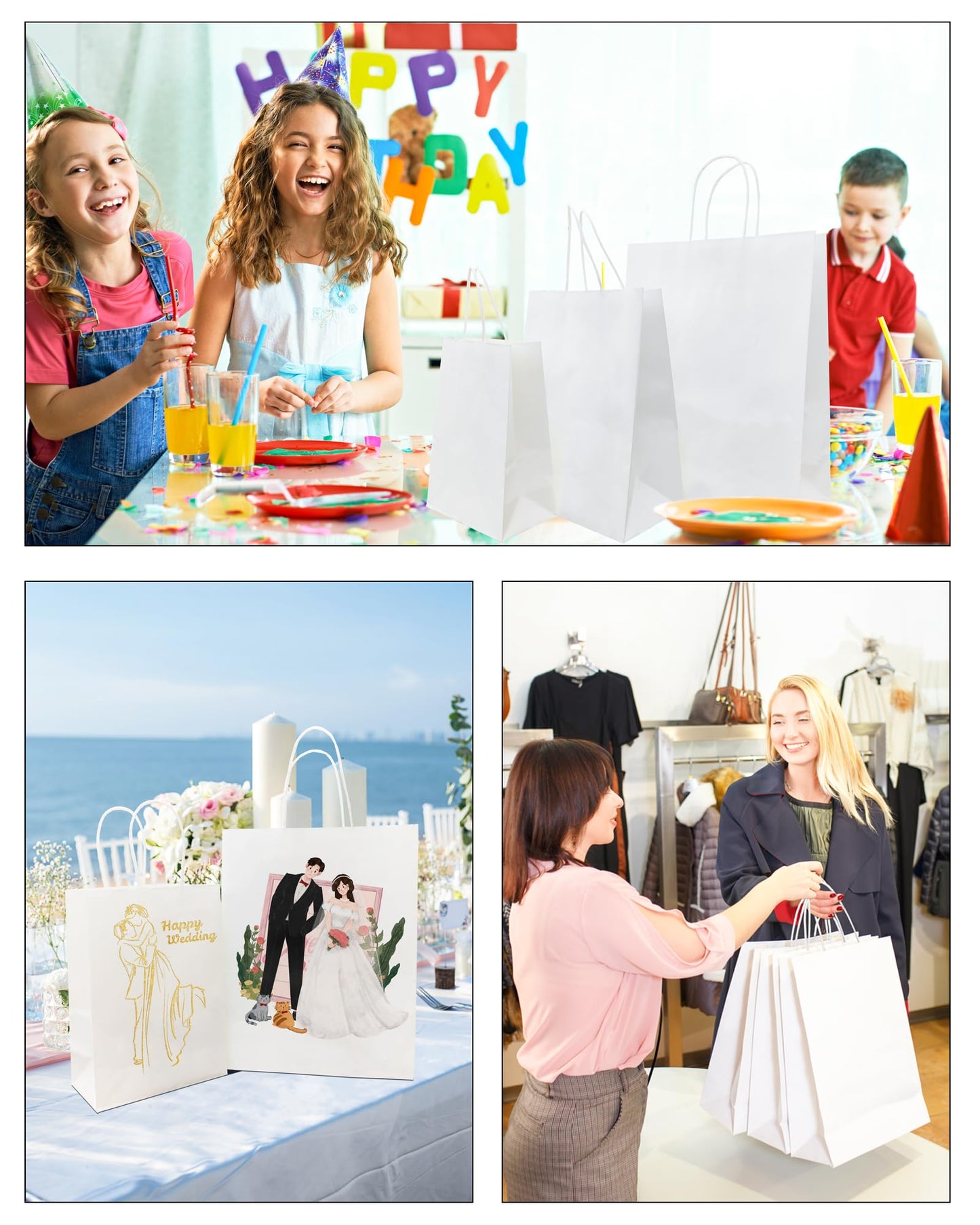 BAG BOX 100 Pack 5.9x3.1x8.25 Inch White Gift Bags with Handles,Bulk Kraft Paper Bags for Shopping, Retail, Merchandise, Wedding, Party Favors, Paper Grocery Sacks