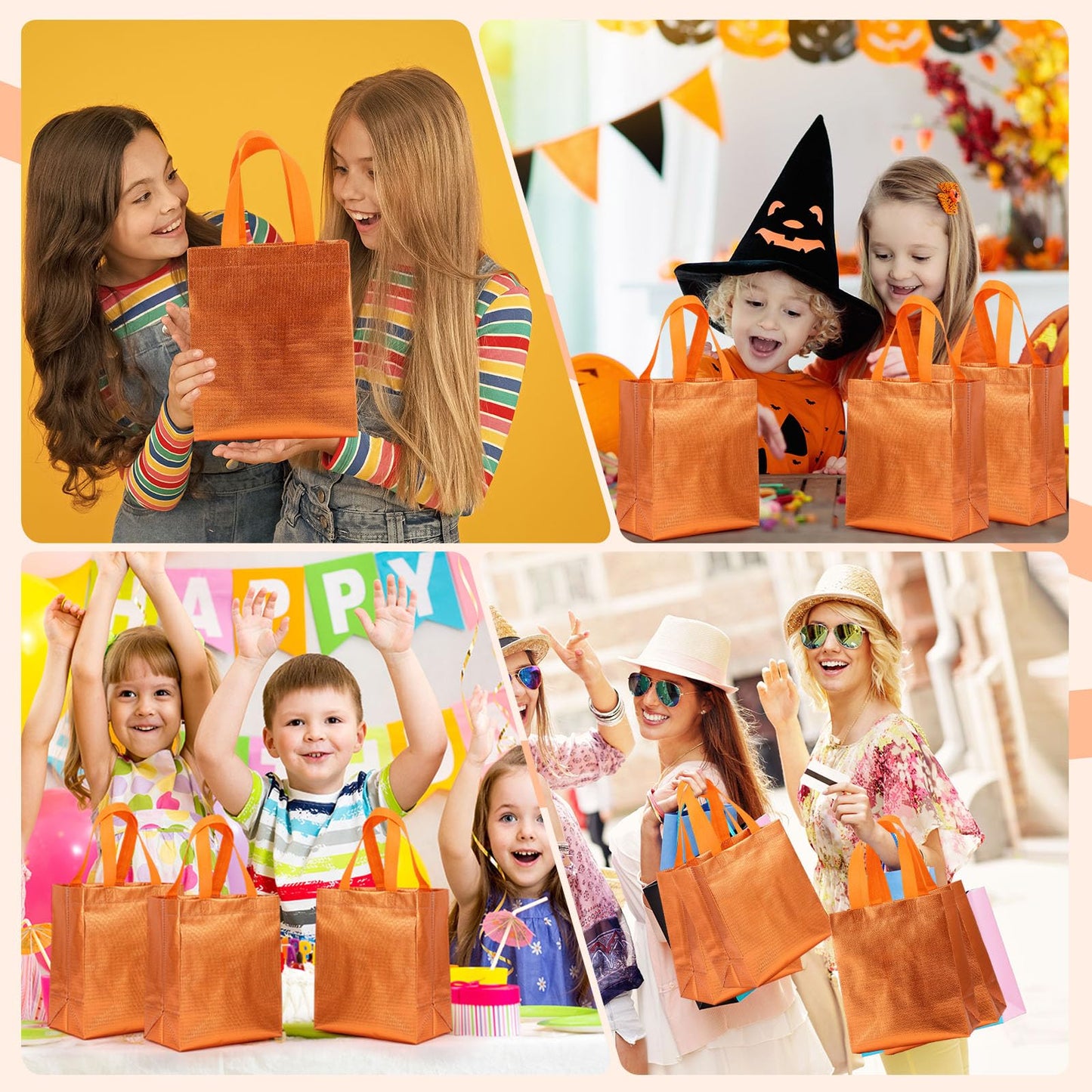 Eccliy 80 Pcs Reusable Gift Bags Set Glossy Grocery Gift Tote Bag with Hadnle for Wedding, Father's Day, Graduation, Summer Event (10 x 8 x 4.7 Inch,Orange)