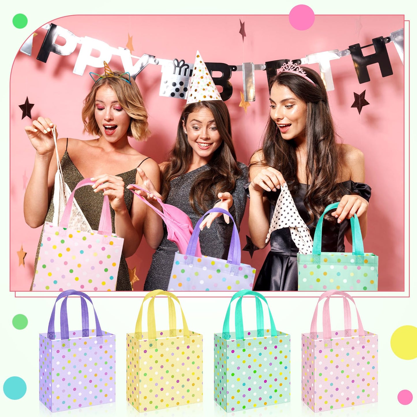 Sweetude 16 Pcs Pastel Spring Gift Bag with Handles Polka Dots Non Woven Reusable Goodie Bags for Mother's Day Women Wedding Birthday Baby Shower Party Favors