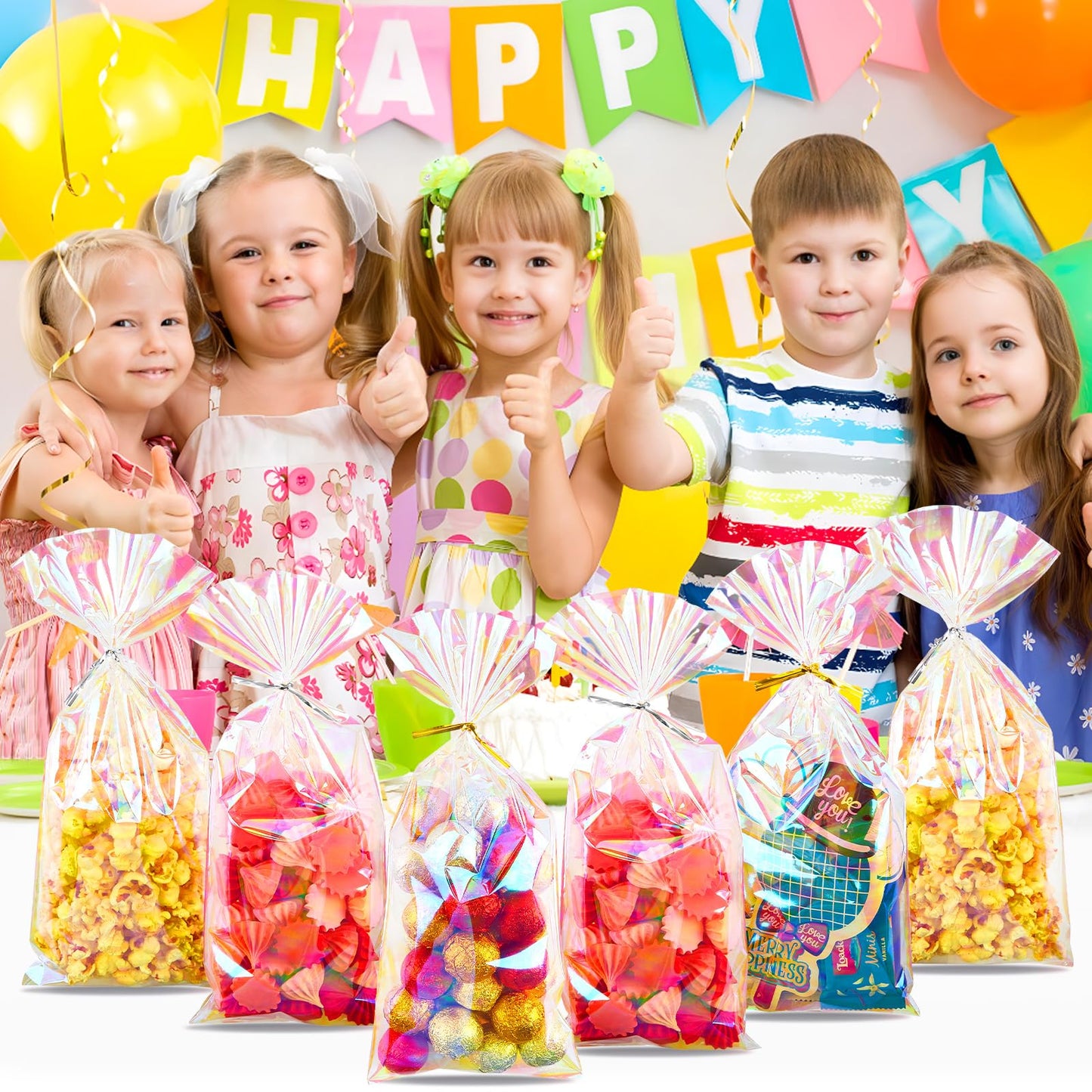Ohuimrt 5x11 Inches Iridescent Cellophane Treat Bags with Ties, 100 PCS Small Plastic Holographic Goodie Bags for Candies, Snacks, Popcorn, Small Gifts and Party Favor