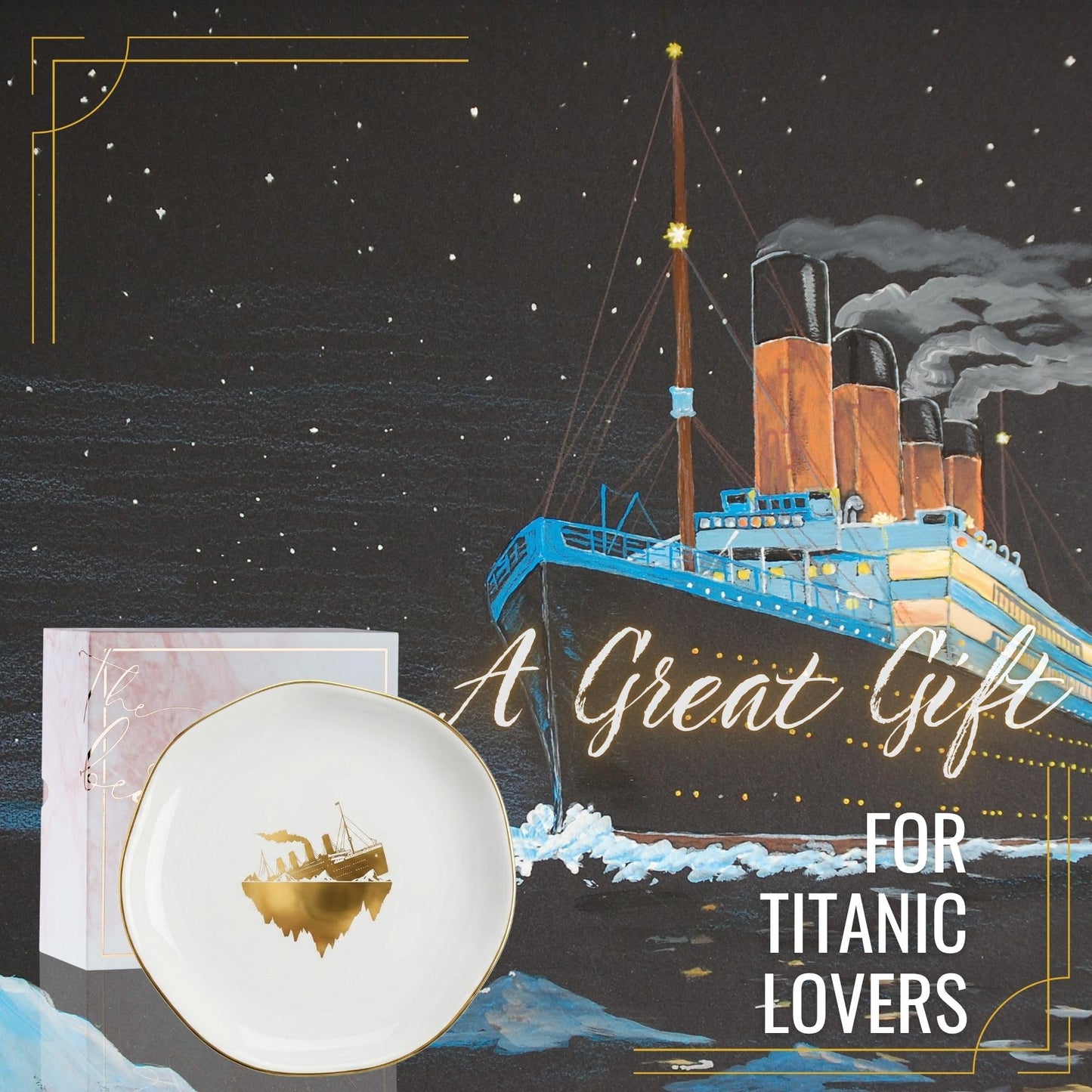 InnoBeta Titanic Gifts - 4.75" Handcrafted Ceramic Ring Dish with Gold Trim, Decorative Trinket Dish for Rings Earrings Necklaces