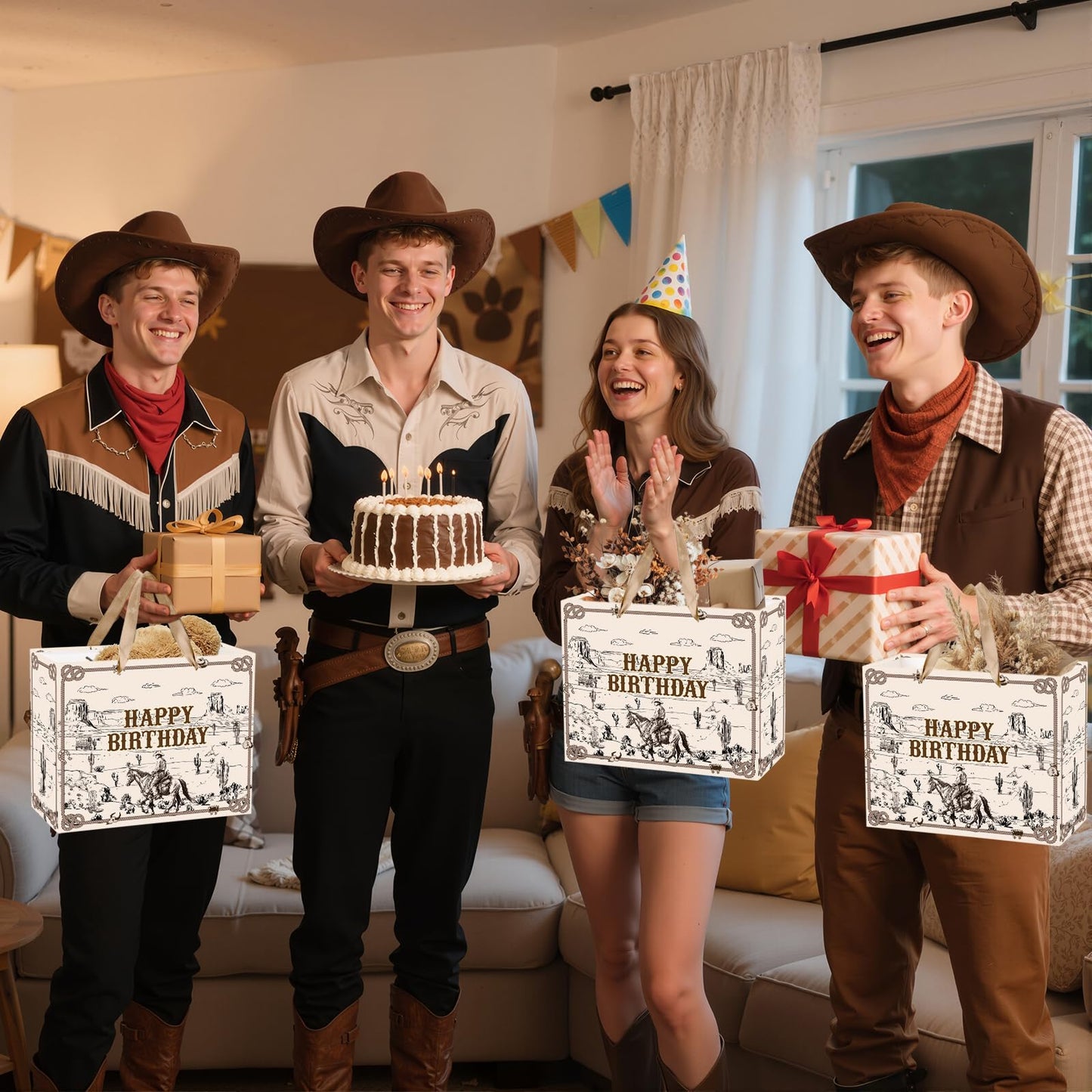 Innovoscape Cowboy Birthday Gift Bag for Boys Men Western Rodeo Happy Birthday Gift Bag with Wrapping Paper Card Large Wild West Horse Gifts Bag for Cowboy Bday Decorations Party Favors Supplies