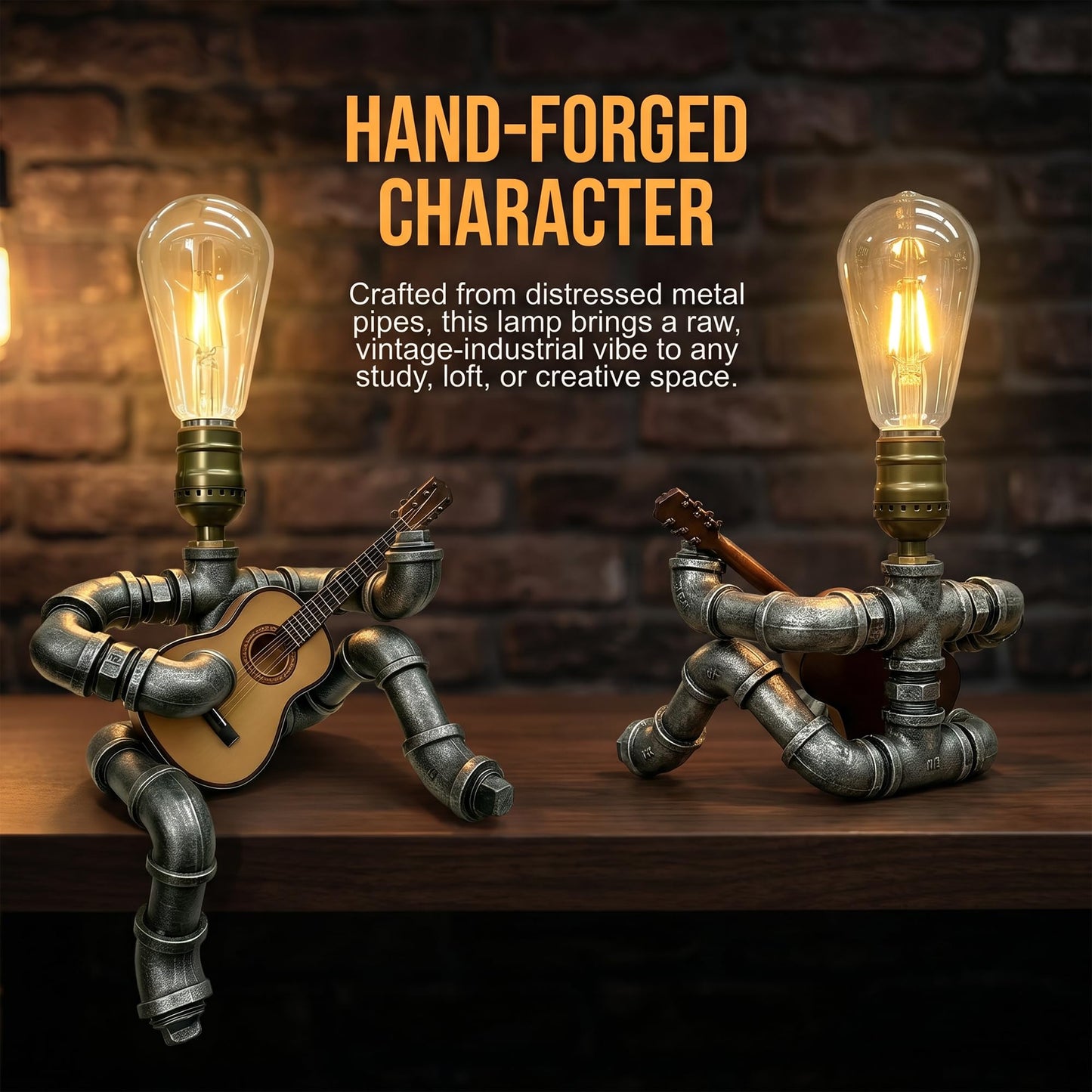 Steampunk Guitar Pipe Robot Table Lamp, Adjustable Industrial Water Pipe Desk Lamp with Wooden Guitar & Edison Bulb,Music Lovers, Bedside, Bar Cafe - Cool Unique Gifts
