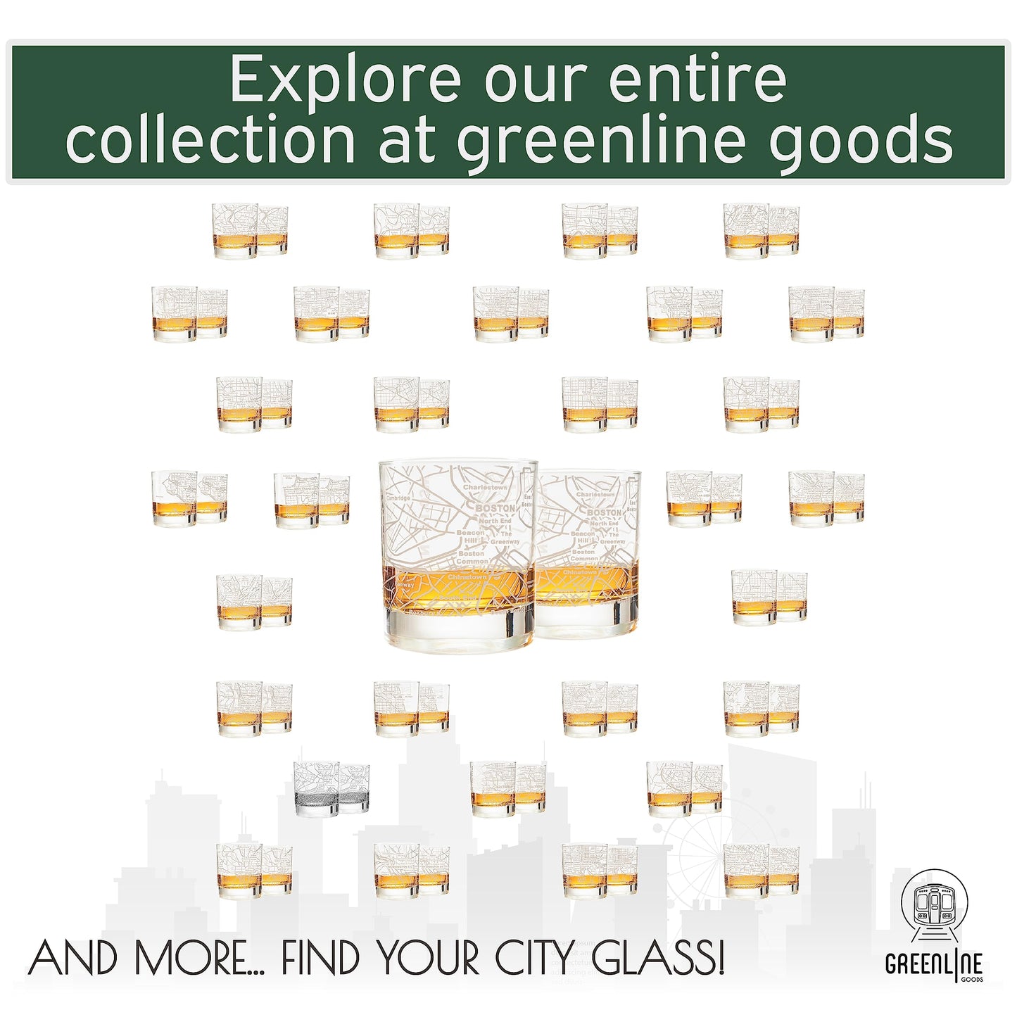 Greenline Goods Whiskey Glasses - 10 Oz Tumbler Gift Set for Boston lovers, Etched with Boston Map | Old Fashioned Rocks Glass - Set of 2