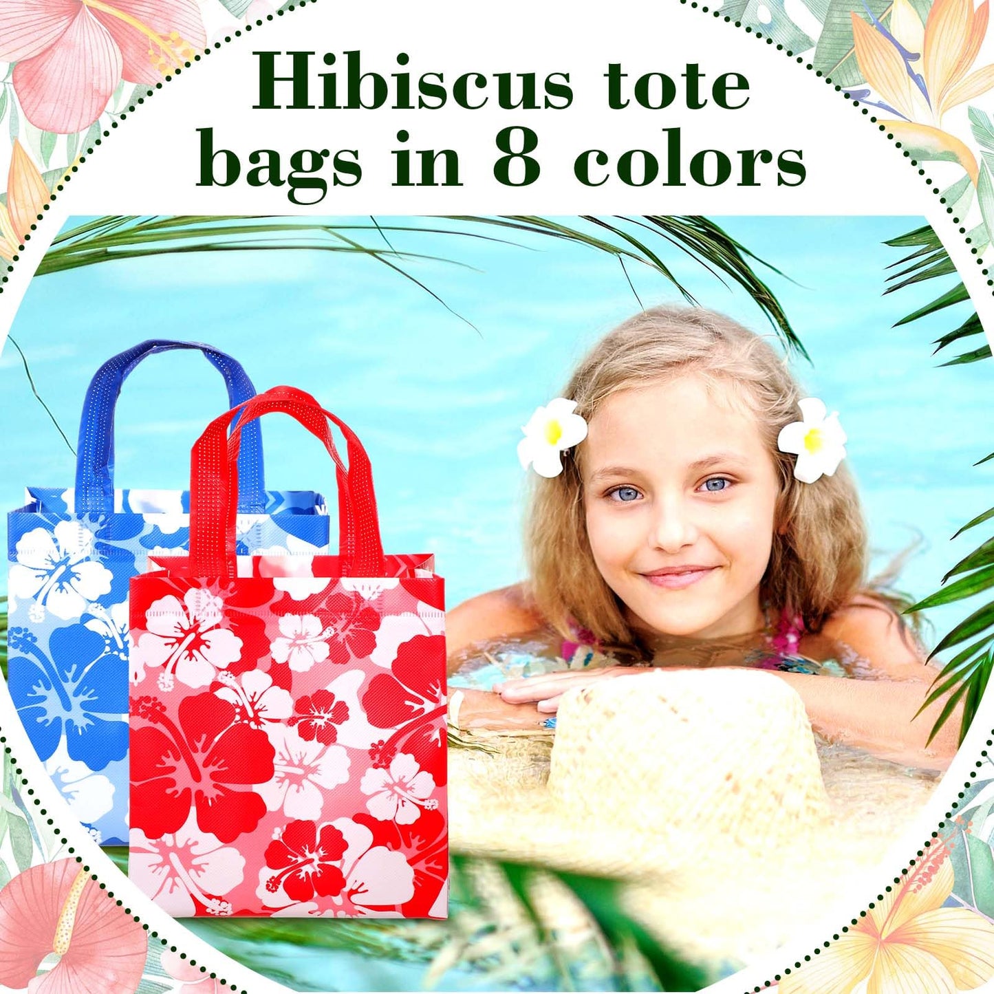 Teling 24 Pcs Large Hawaiian Party Favor Tote Bags 15lb Non Woven Hibiscus Goodie Gift Bag with Handles Luau Tropical Aloha Tiki Summer Birthday Party Supplies