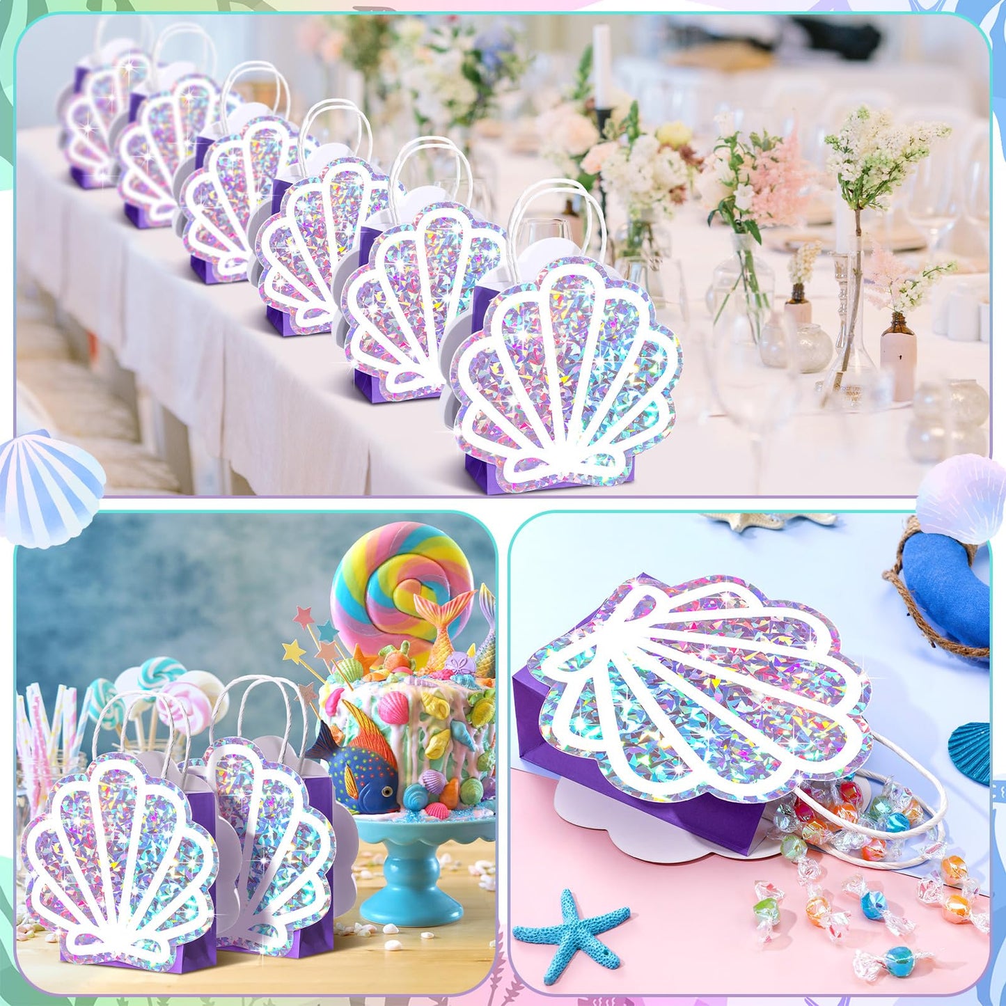 Locmeo 12 Pack Sea Shell Gift Bags Mermaid Goodie Bags Party Favor Iridescent with Handle for Under The Sea Party Summer Ocean Beach Birthday Wedding Shower Celebration Supply Decoration (Holographic)