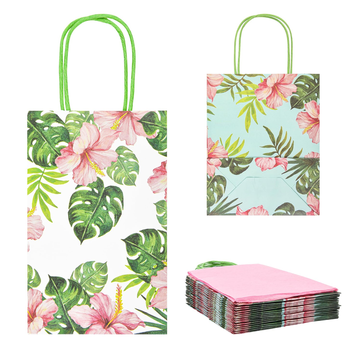 36 Pack Small Hawaiian Tropical Party Favor Gift Bags with Handles 9x5.5x3.15 Inch and 36 Pink Tissue Paper for Luau Parties, Birthdays, Weddings, Baby Showers, Bridal Showers (2 Designs Assorted)