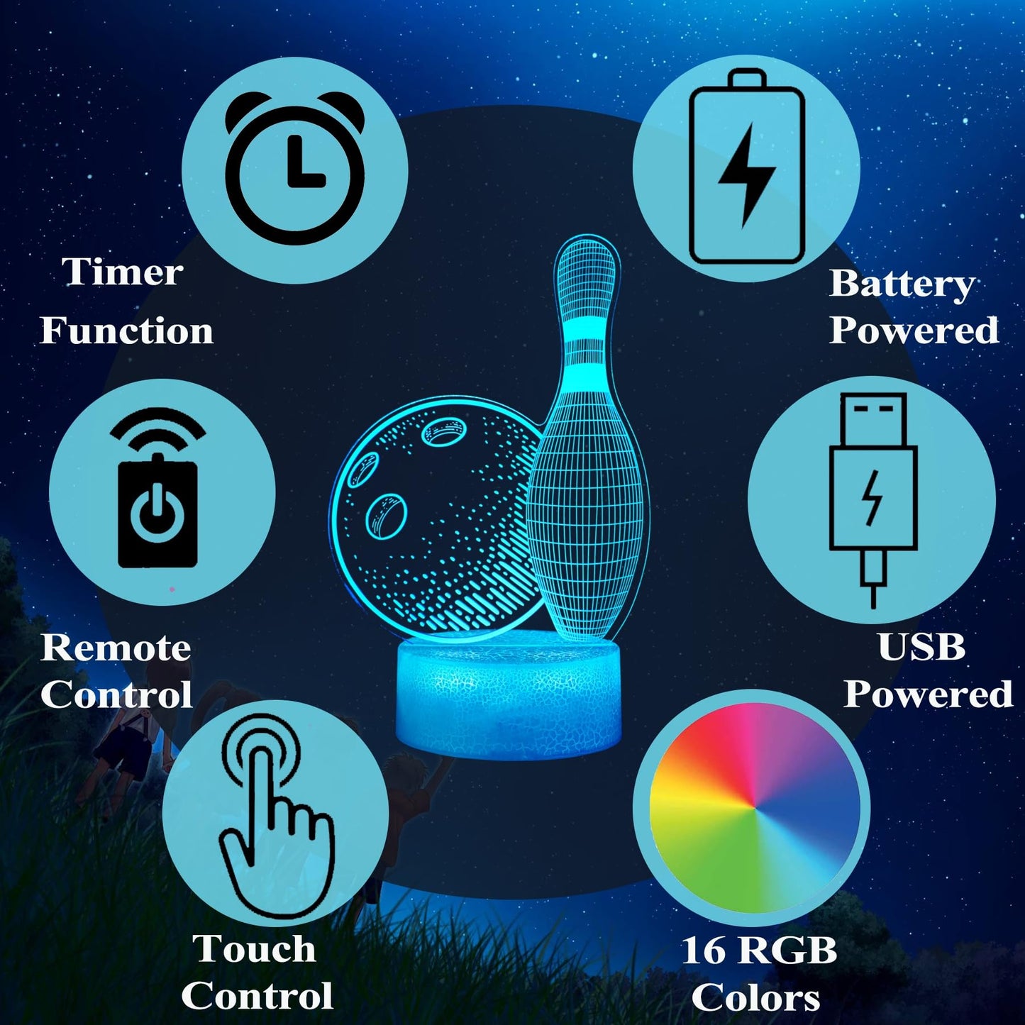Bowling Night Light, Bowling Gifts 3D Illusion Lamp with 16 Colors Changing, Timer, 4 Flash Modes and Dimmable, Kids Boys Girls Room Decoration, Holiday Xmas Gifts