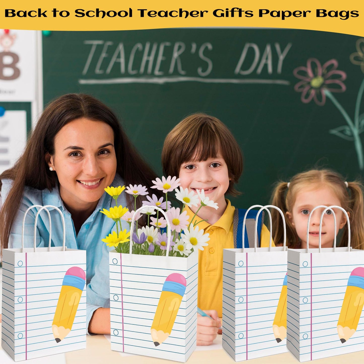 FOGWOWO 36Pcs Back to School Gift Bags Teacher Gift Bags Bulk School Gifts Bag with Handles,Pencil Notebook Line Teacher Appreciation Gifts End of Year Teacher Gifts Bags for Graduation Retirement Wrapping Supplies