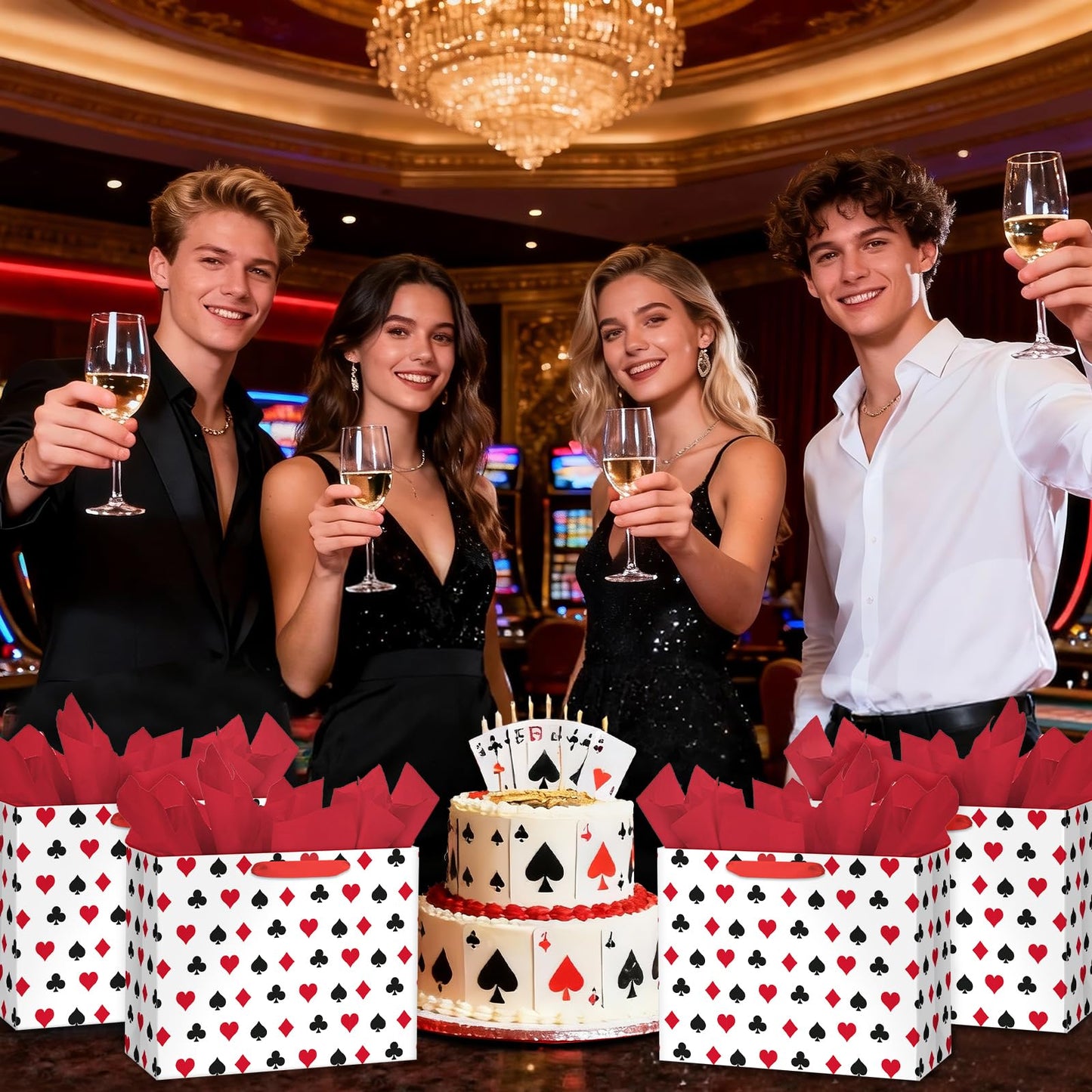 Loveinside 13" Large Funny Poker Gift Bag, Red Black Playing Card Suits Design Gift Bag with Tissue Paper for Poker Night, Las Vegas Party, Birthday, Casino Theme Party, 13" x 5" x 10", 1 Pcs