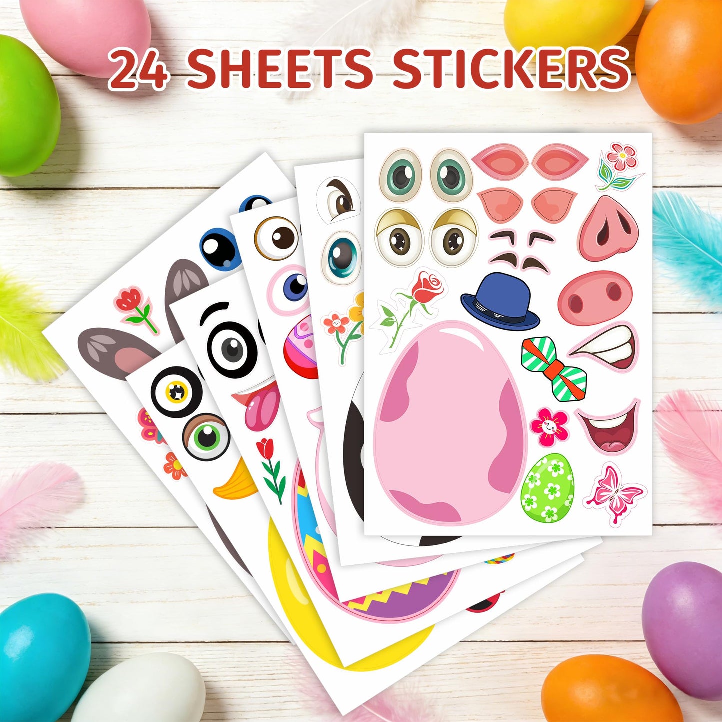 Easter Stickers, Easter Basket Stuffers Gifts, 24 Sheets DIY Happy Easter Make A Face Stickers Crafts with Eggs Themed Game Toys Classroom Activities Party Favor Supplies Decorations