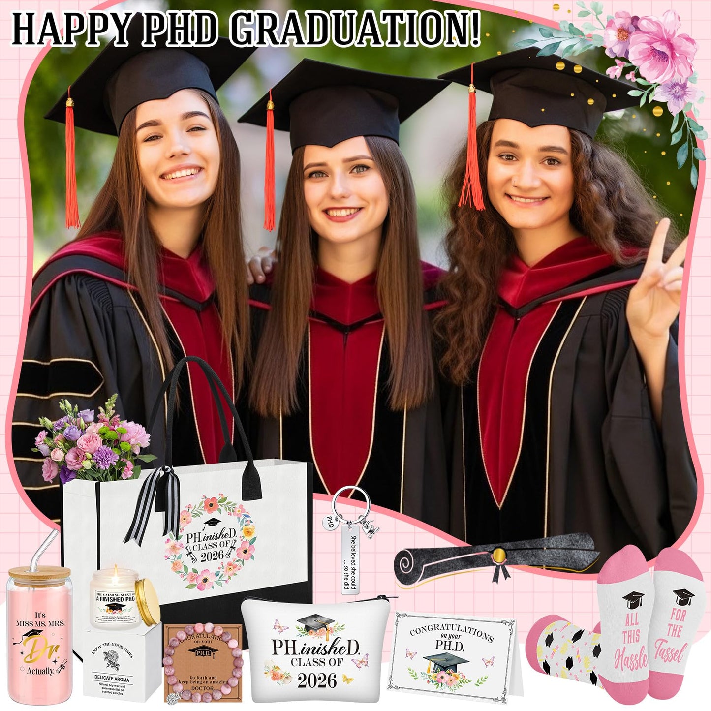 Aliceset 8 Pcs Phd Graduation Gifts for Women It's Dr Actually Gifts for Phd Doctorate Degree Class of 2026 Canvas Tote Bag Tumbler Keychain Makeup Bag Bracelet Greeting Card Scented Candle Socks