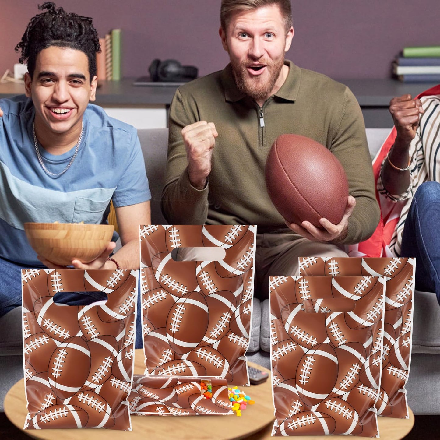 Hxezoc 50 Pieces Football Gift Bags with Handle, Plastic Treat Candy Bag Sport Favor Bags with Football Pile For Kids Birthday Party Decoration Supplies
