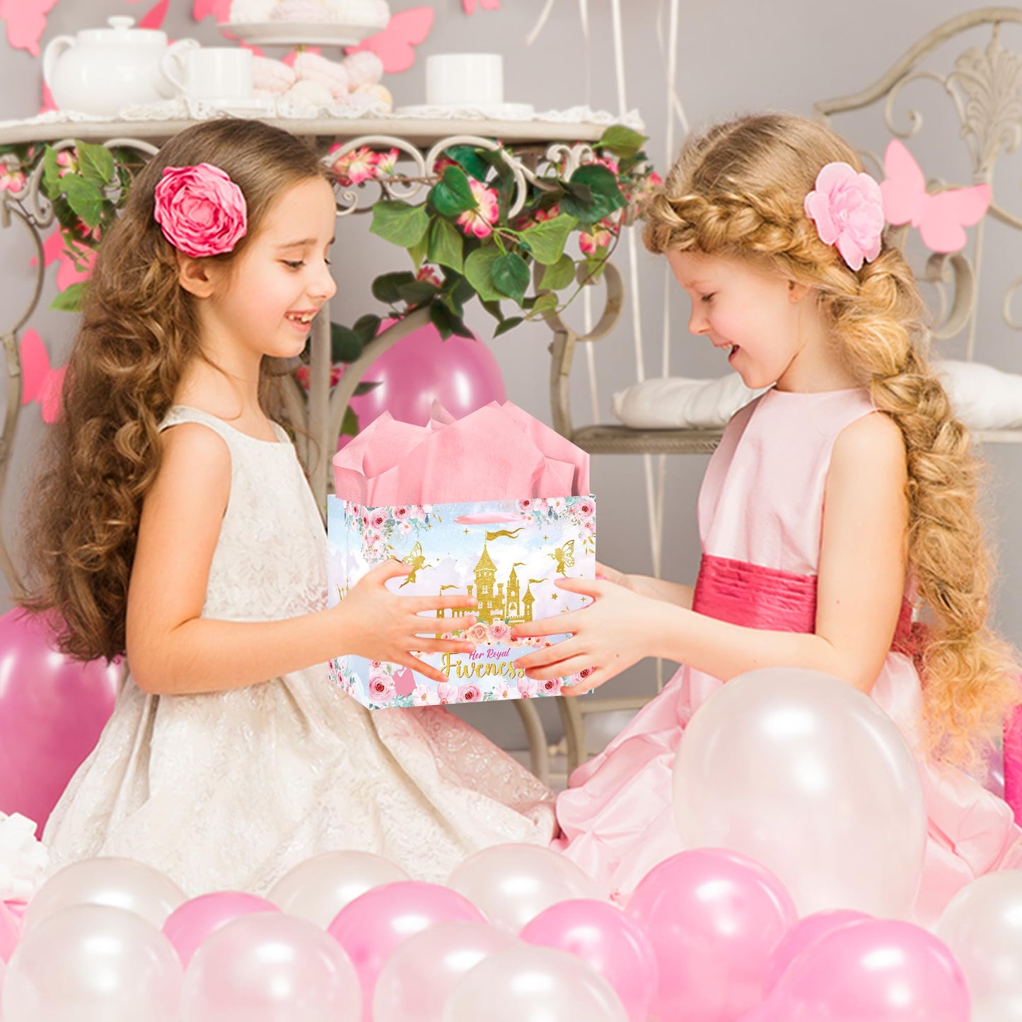 MOIZYNG Her Royal Fiveness Birthday Gift Bag, Pink Gold Castle Floral Princess 5th Birthday Gift Wrap Bags with Handles, Tissue Paper and Greeting Card for Girls 5 Year Old Party Favors Decorations