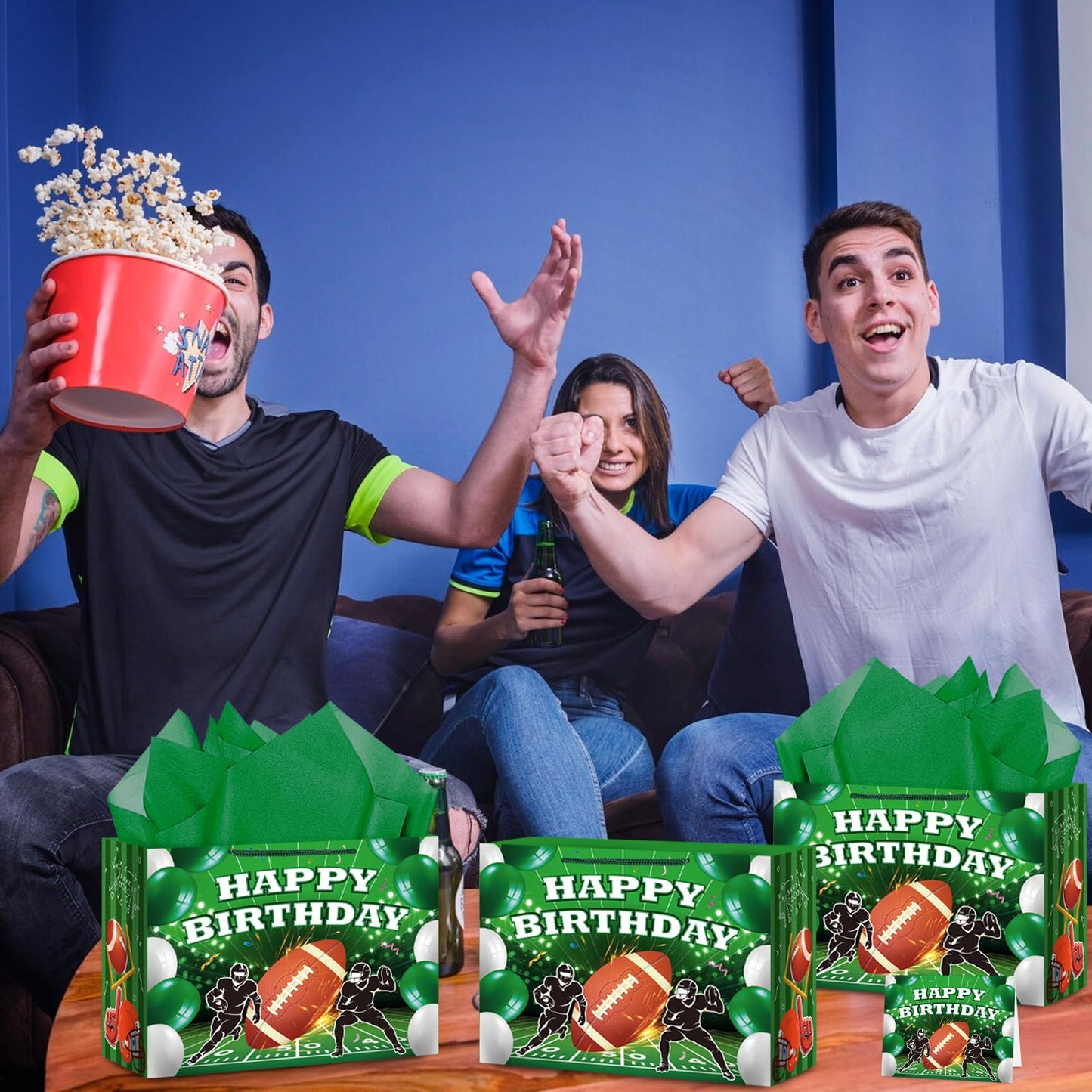 Hooqict Football Gift Bag Football Birthday Party Gift Wrapping Bag with Tissue Paper and Greeting Card for Boys Men Sport Birthday Football Bag Goodie Treat Party Favors