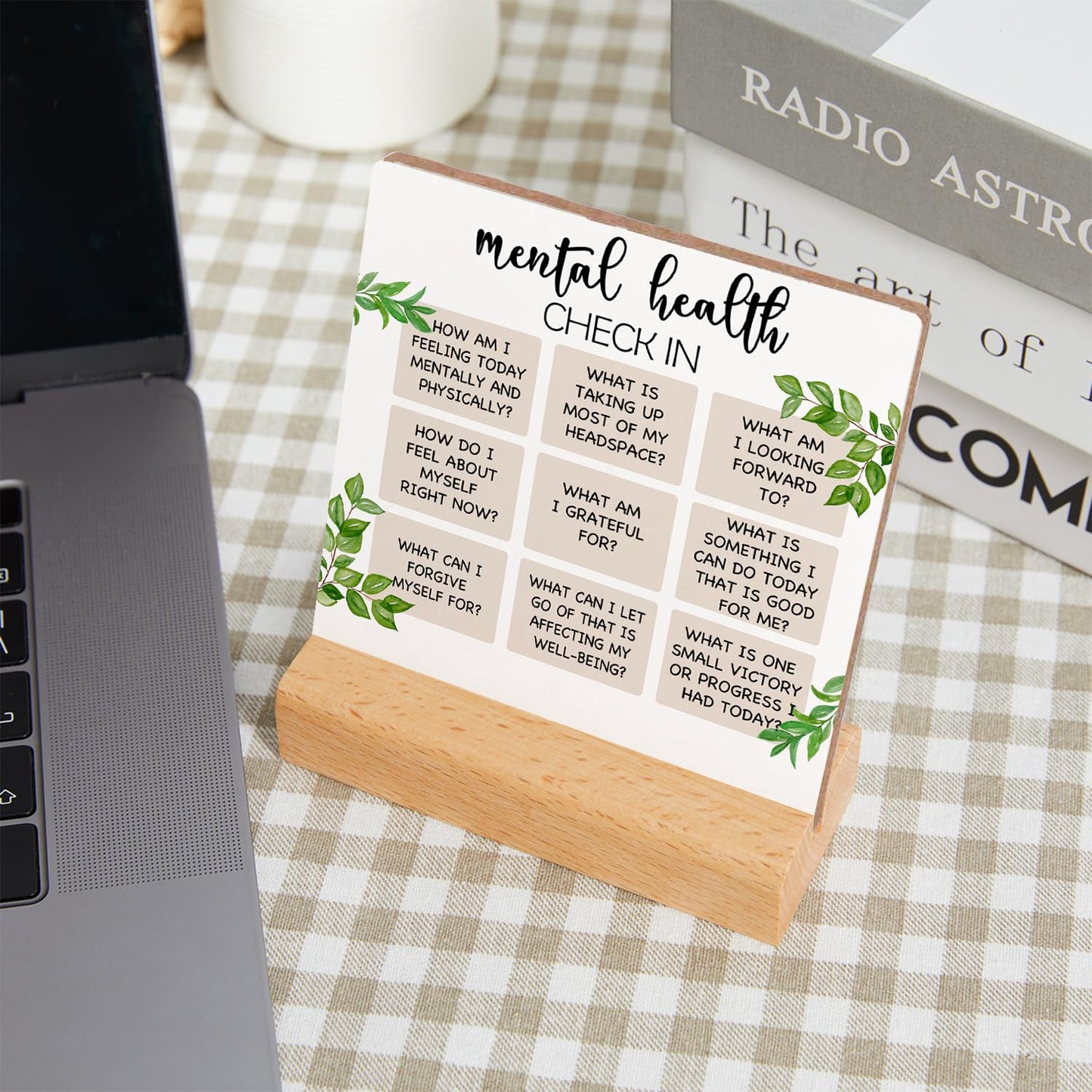 Mental Health Inspirational Gift, Positive Self Affirmations Wooden Sign, Mental Health Check in Wood Sign with Wooden Stand, Cheer Up Gifts for Psychologist School Counselor Student Boy Girl
