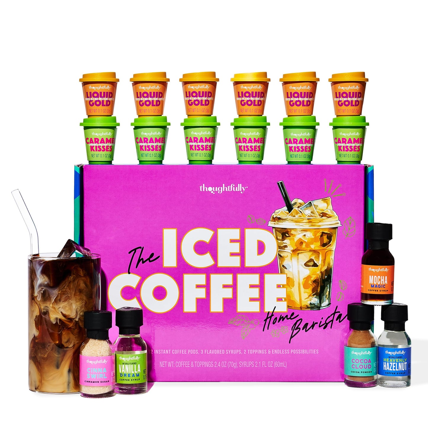 Thoughtfully, Iced Coffee Barista Bar Gift Set, Includes Instant Coffee, Flavored Syrups, Cocoa Powder & Cinnamon Sugar, DIY Coffee Station Sampler Gift for Coffee Lovers