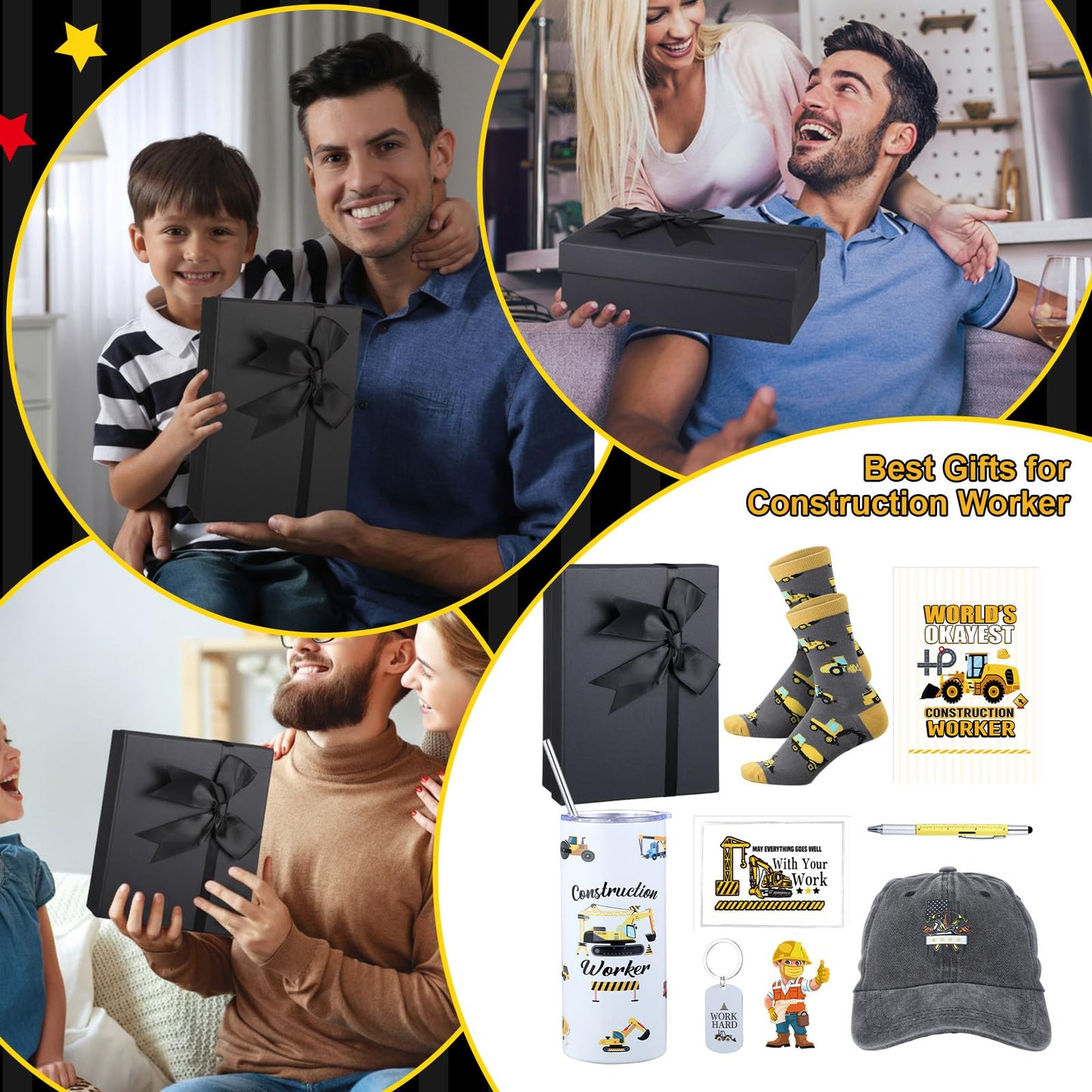 Patelai 9 Pcs Construction Worker Christmas Gifts for Men Include 16 oz Tumbler Coffee Mug Multi-tool Pen Baseball Hat Socks Notebook Keychain Pendant for Father Boyfriend Birthday Gift