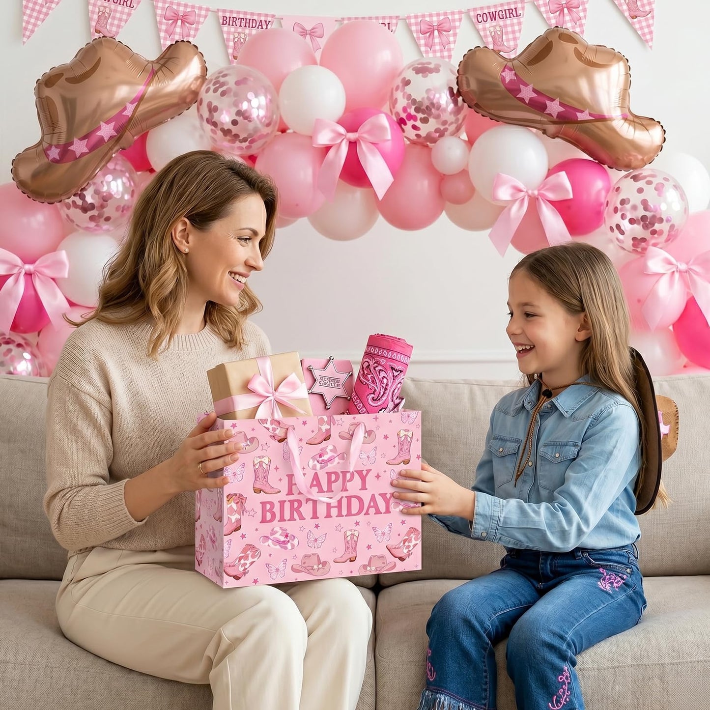 TagreSpike Cowgirl Birthday Gift Bag, Western Bow Happy Birthday Wrapping Bag with Tissue Paper and Card Coquette Bow Boots Treat Bags for Girls Rodeo Birthday Party Supplies - Pink Cow Print Boots