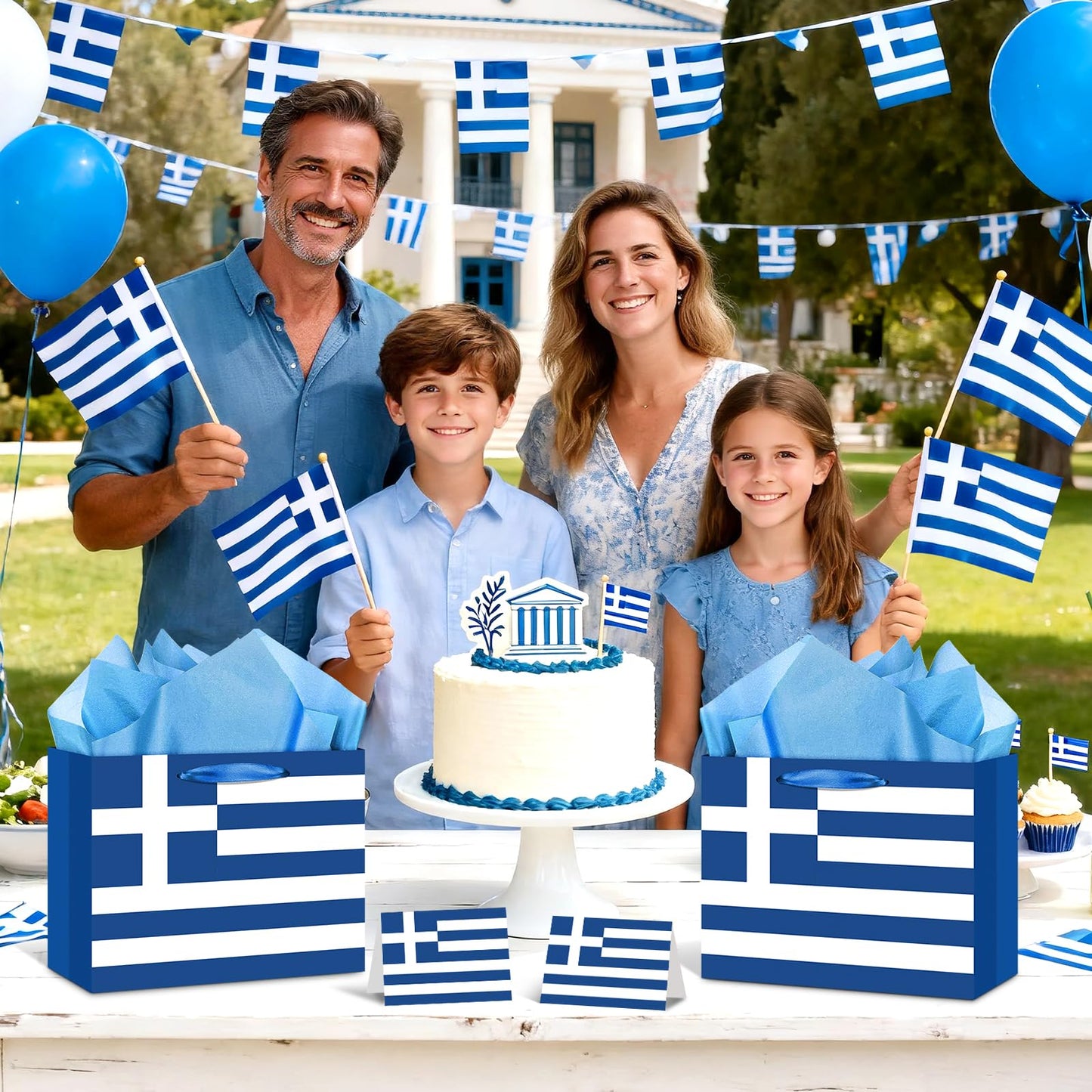 Neptniopllab Greek Flag Gift Bag with Card & Wrapping Papers,Blue White Greece Theme Party Decorations Gift Bag for National Day of Greece,Birthday,Greek Family Gathering Dining,Goodie Treat Bag