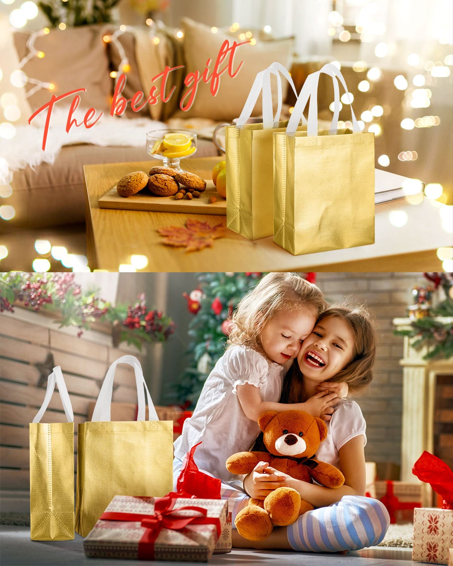 Eccliy 80 Pcs Reusable Gift Bags Set Glossy Grocery Gift Tote Bag with Hadnle for Wedding, Father's Day, Graduation, Summer Event (10 x 8 x 4.7 Inch,Gold)