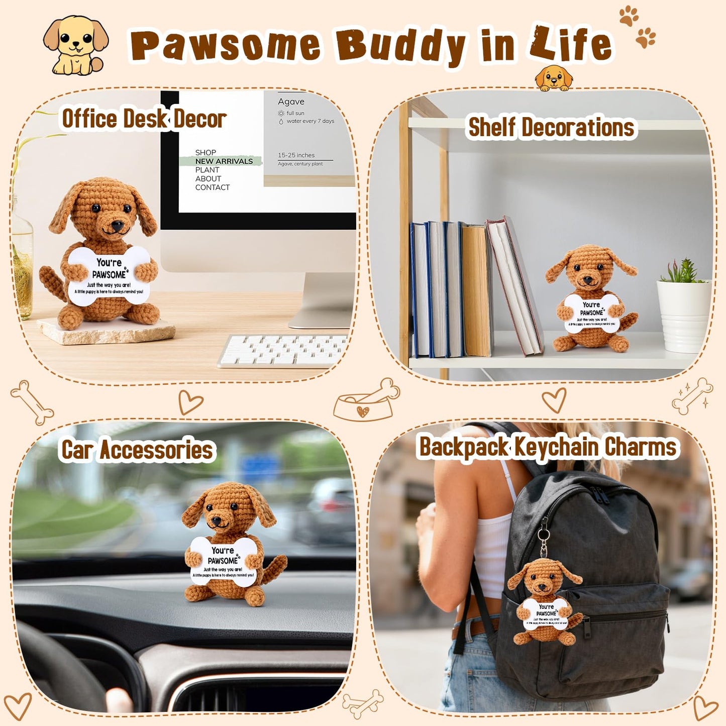 Funny Dog Gifts for Girls Boys Women Men Birthday Fathers Day Presents, Mini Cute Stuff Cool Things, Small Puppy Dog Stuffed Animal Plush, Emotional Positive Support Crochet Desk Decor Accessories