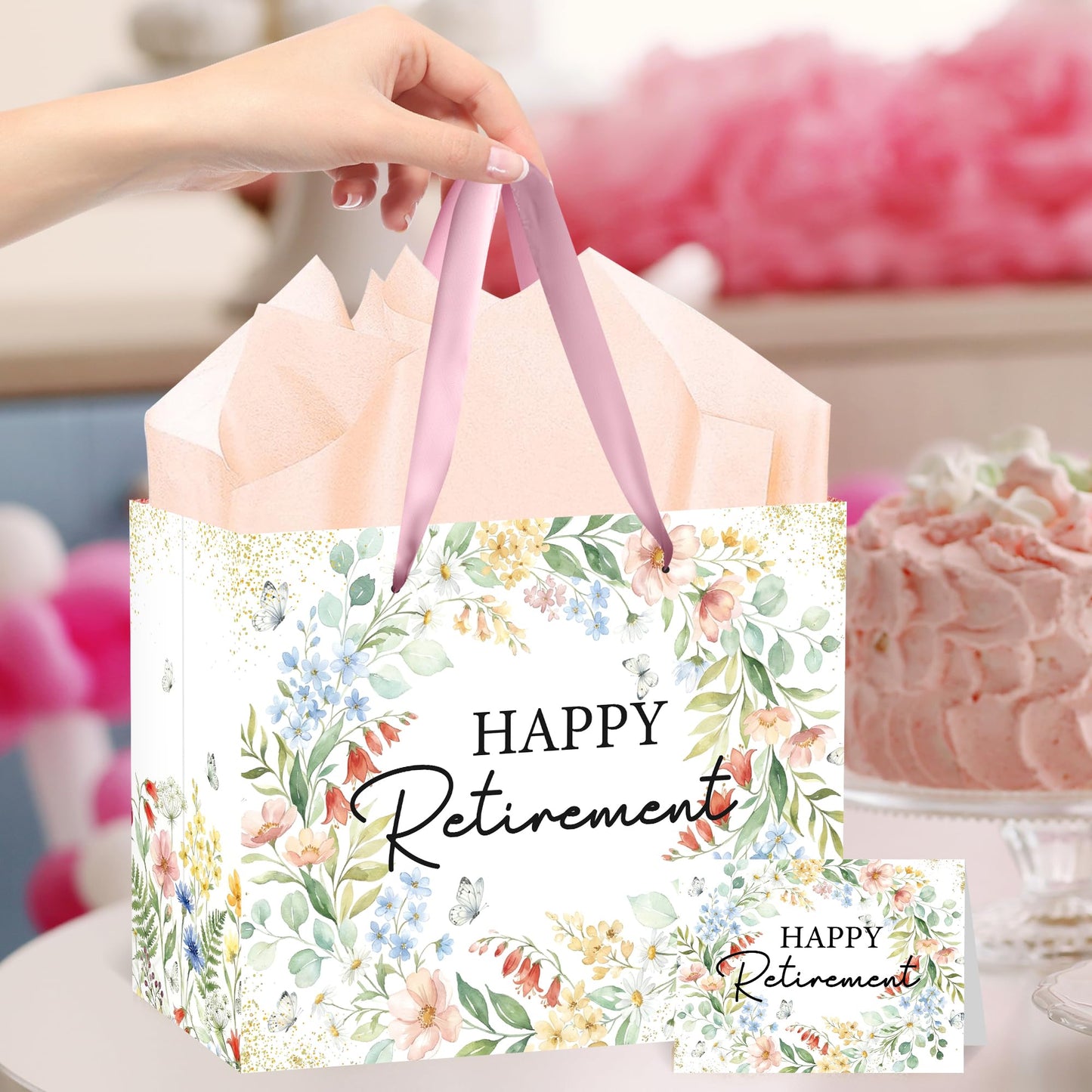 MOIZYNG Retirement Gift Bag with Handles, Tissue Paper and Greeting Card, Floral Happy Retirement Wrapping Paper for Men Women Office Coworker Farewell Going Away Party Favors