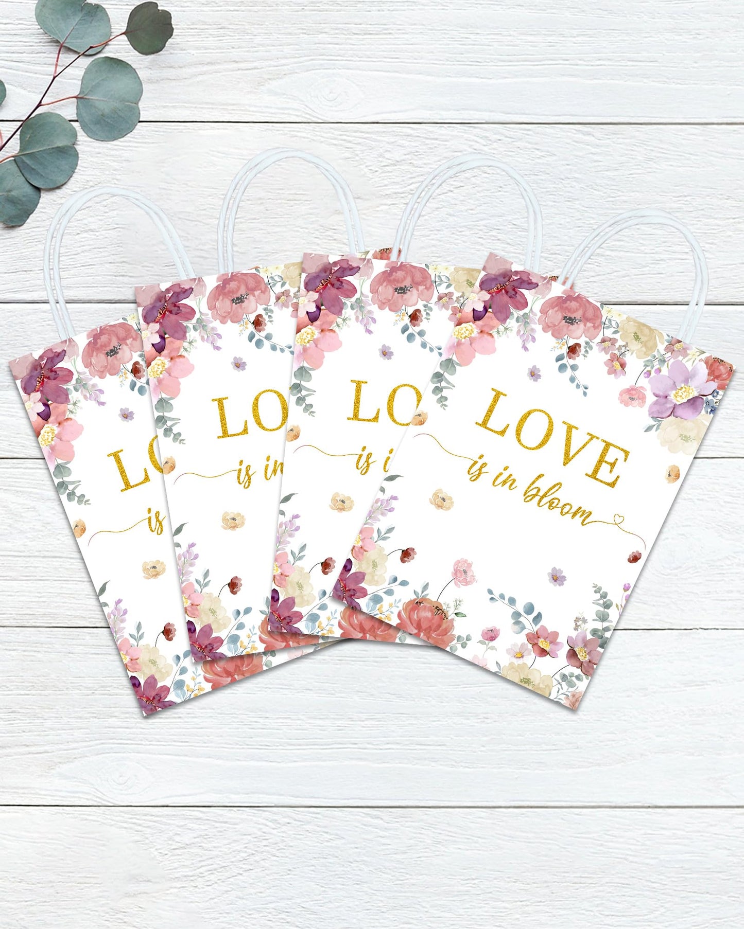 Tyndallrays 16 Pieces Love is in Bloom Floral Bridal Shower Gift Bags with Handles for Bridal Shower, Bachelorette, Wedding, Engagement Parties