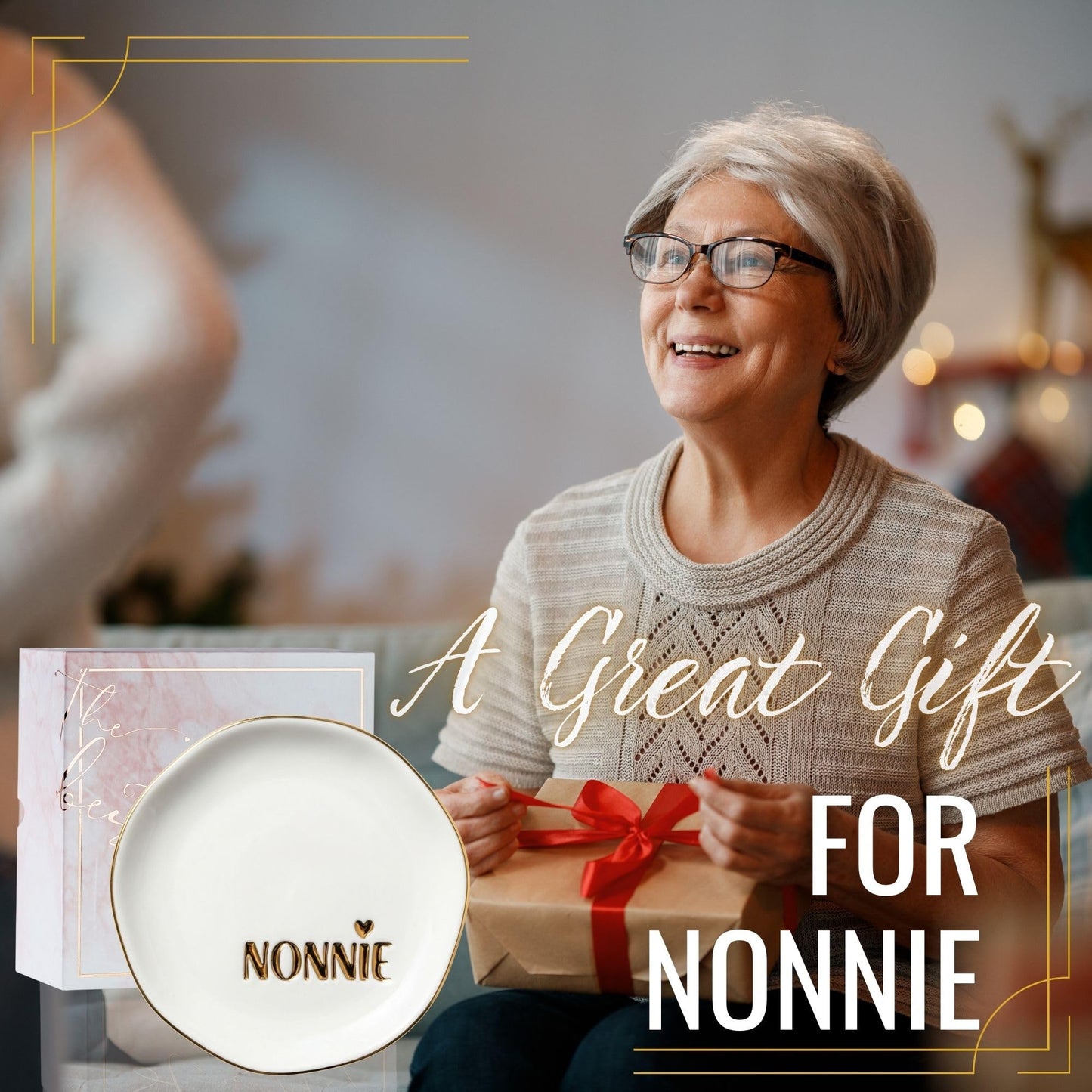 InnoBeta NONNIE Gifts Grandma Gifts from Grandkids Granddaughter for Birthday Christmas Mother's Day - 4.75" Handcrafted Ceramic Ring Dish with Gold Trim, Decorative Trinket Dish for Rings Earrings