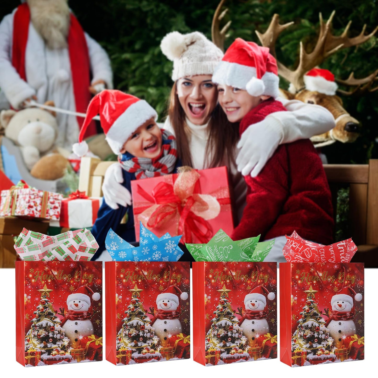 Rusikia 12 Christmas Gift Bags with 12 Tissues and 1 Satin Ribbon, Red Party Favor Bags Bulk with Handles, Glittery Cute Tree Snow-man Paper Bag for Xmas Holiday Party (Medium 10"x4"x12.6")