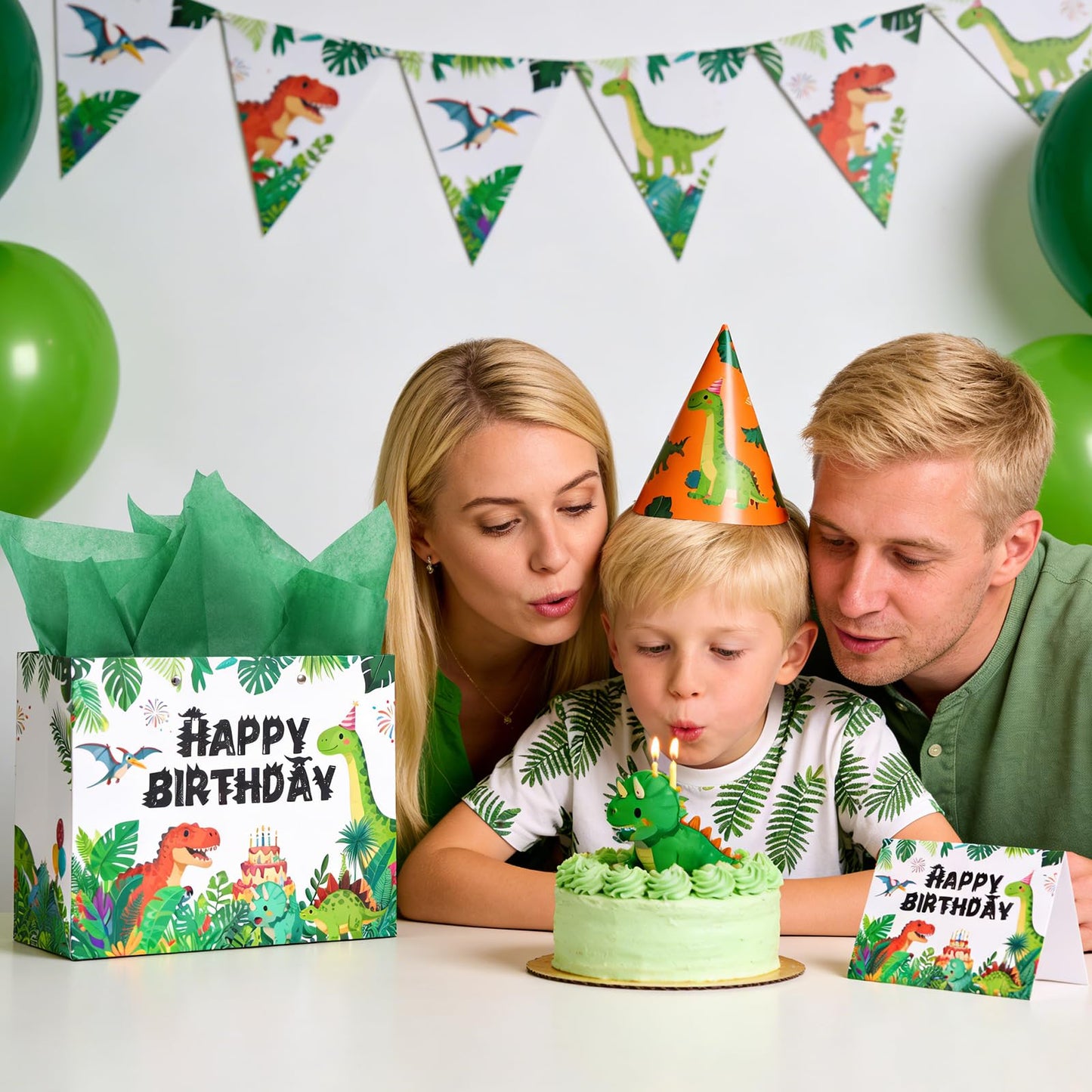 Lednica Dinosaur Happy Birthday Gift Bag with Tissue Paper, Envelop and Greeting Card, T-Rex Paper Gift Bags for Kids Boys Girls, Green Dino Party Favors Supplies, 11.8"x9.5"x5.3"