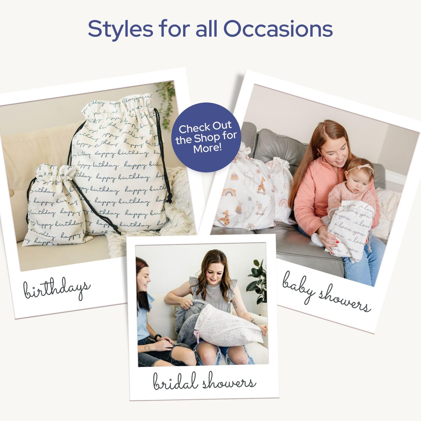 Gather & Knot Dot Gift Bags | Reusable Fabric Drawstring Bags | Large 20” & Small 12” | Premium Canvas Wrap for Birthdays, Showers & Gifting | Navy Painted Dots