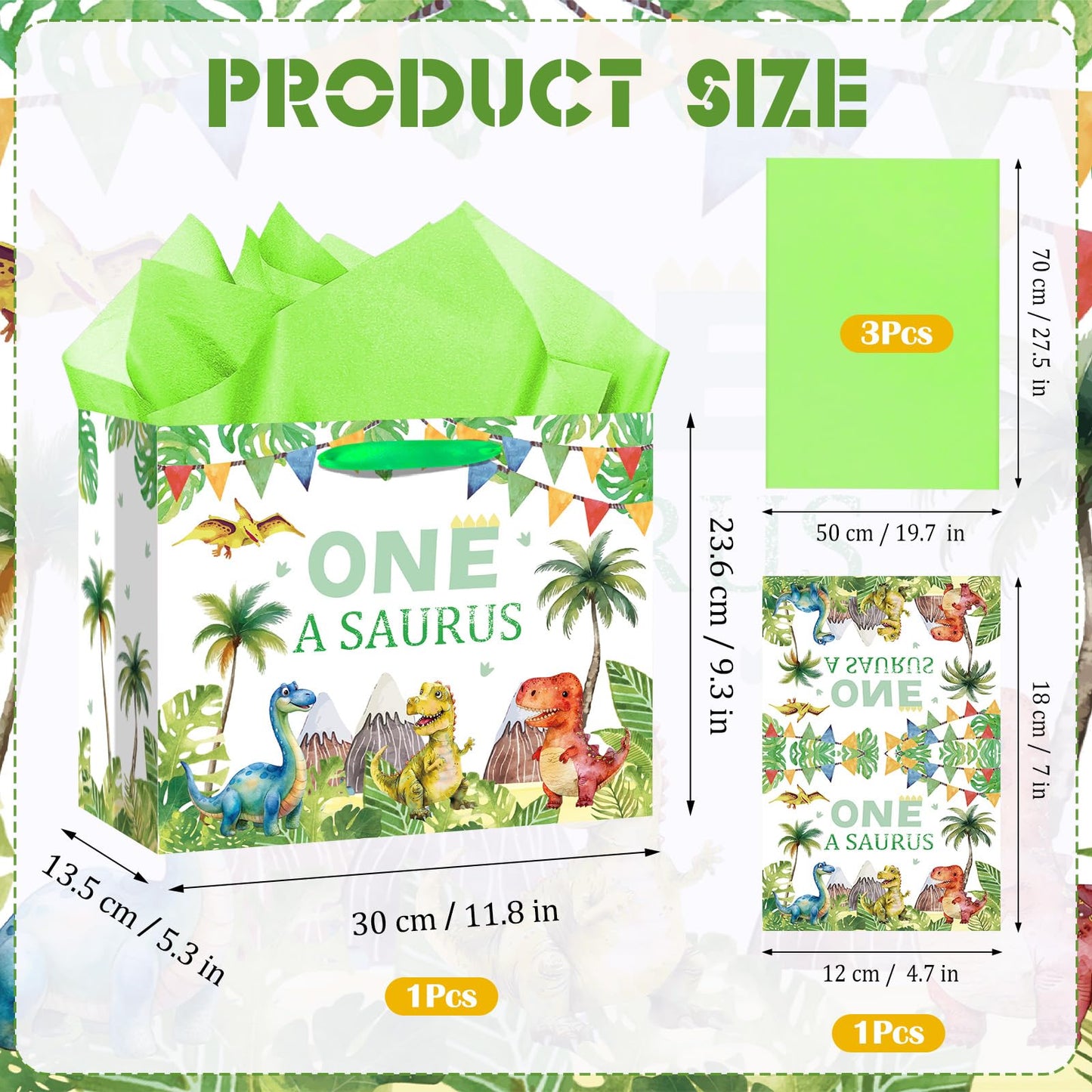 Woosytoo Baby Boys 1st Birthday Gift Bag One a Saurus Decorations Dinosaur First Birthday Gift Wrapping Paper Bag with Tissue Paper for Dino One Years Old Party Favor Supplies