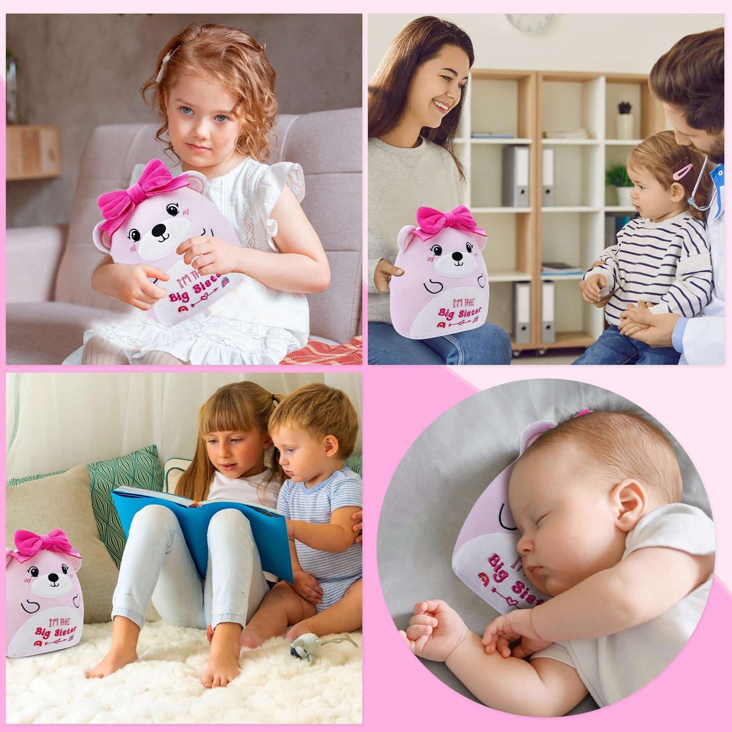 Big Sister Plush Toy: 8-Inch I'm The Big Sister Bear with Pink Bow Stuffed Animal Cute Soft Plushie Pillows Christmas, New Sibling Gifts for Girls Kids