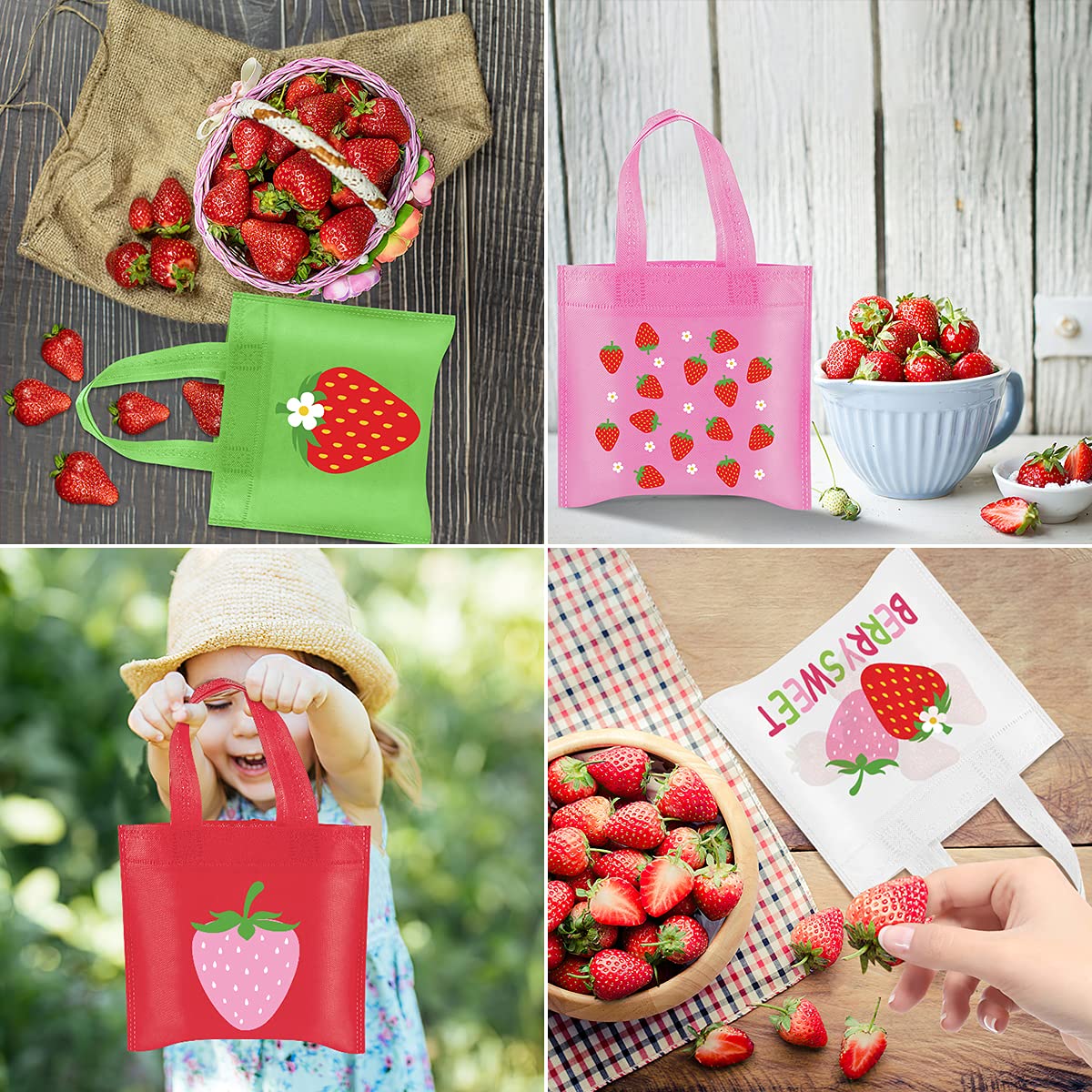 20Pcs Strawberry Party Favor Bags, Strawberry Party Decorations Strawberry Non-Woven Candy Goody Treat Bag for Strawberry Fruit Theme Baby Shower Sweet One Strawberry Birthday Wedding Snack Gifts Bags