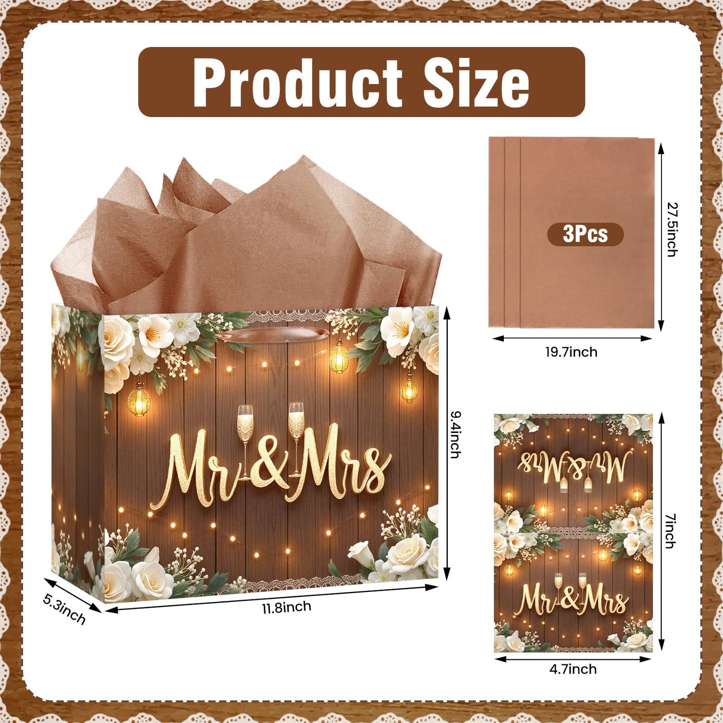 Wedding Gift Bags Mr and Mrs Engagement Gift Bags Elegant Bridal Shower Gifts Bag With Tissue Paper Greeting Card Wedding Wrapping Paper Party Favor Bag for Mr&Mrs Engagement Party Supplies Decor