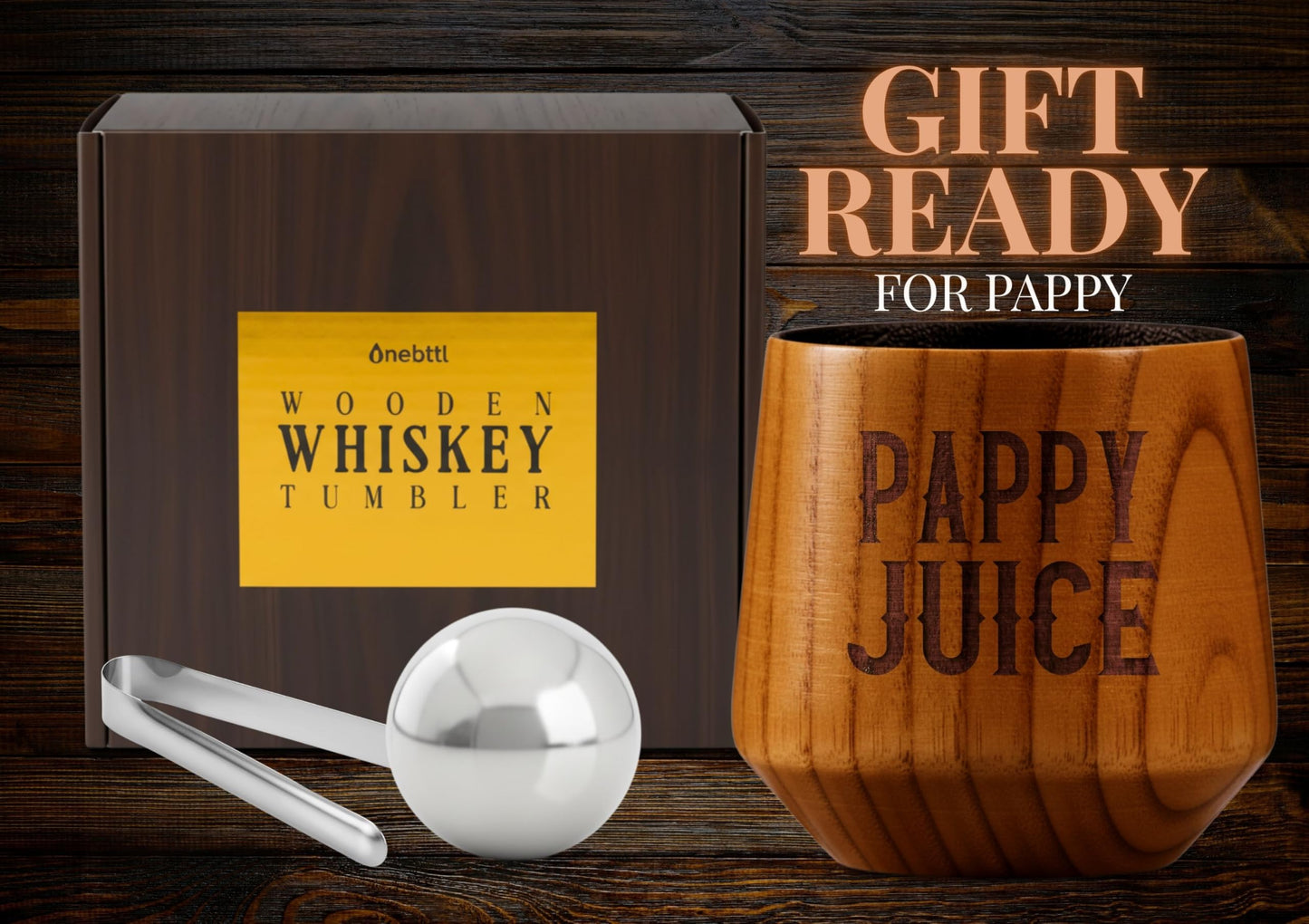 Onebttl Pappy Gifts Charred Wooden Bourbon Drinking Glass, Handcrafted Whiskey Gift Tumbler for Father's Day, Christmas