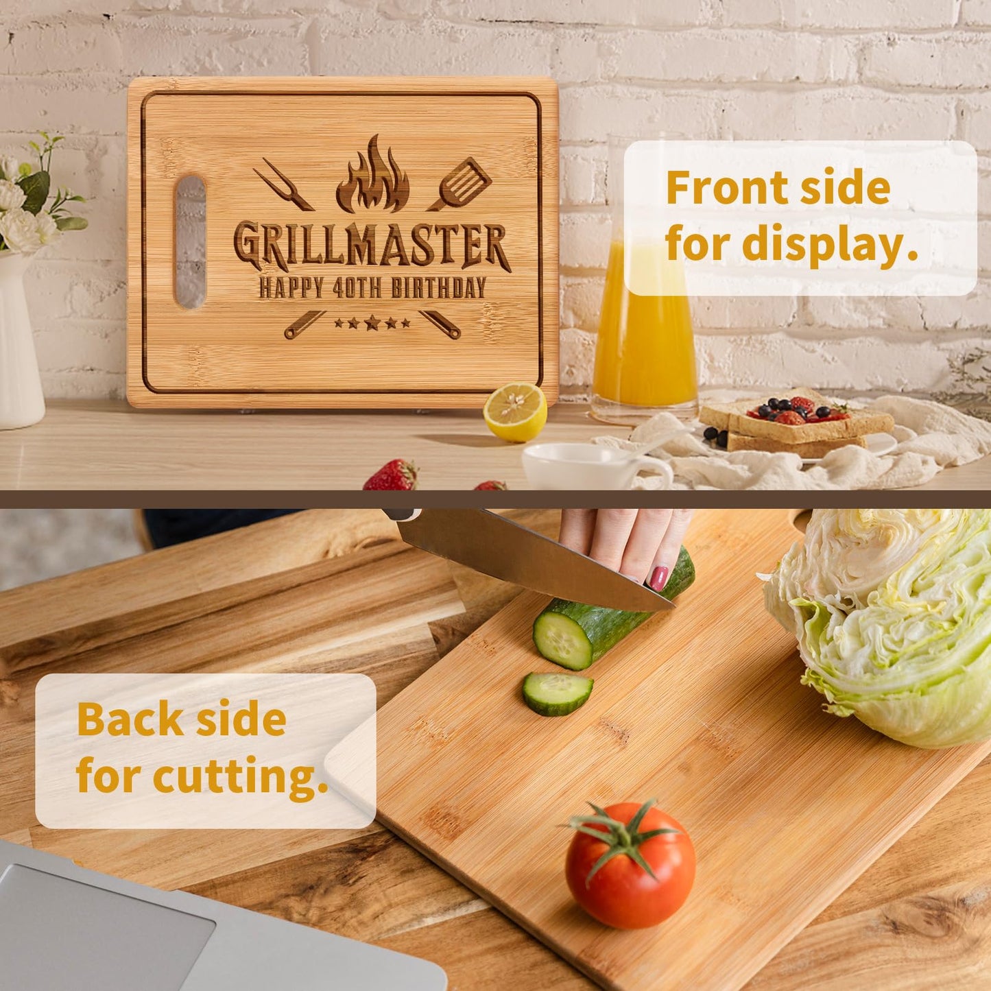 40th Birthday Gifts for Men, Grillmaster - 11x8.5 Inch Engraved Bamboo Cutting Board, Happy 40 Year Old Birthday Gifts for Men Friend Dad Husband Friend, Cool Present for 40th Birthday